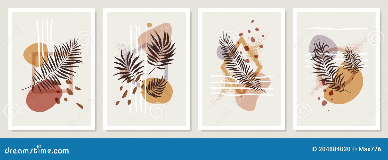 collection of compositions with geometric s and exotic tropical leaves in pastel colors, trendy minimalistic  posters,