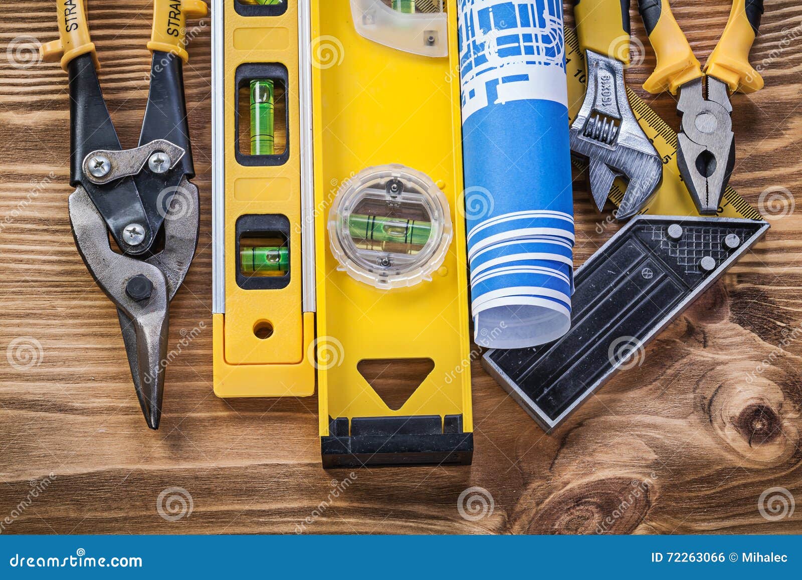 Collection of Construction Tools on Vintage Wood Board Top View Stock