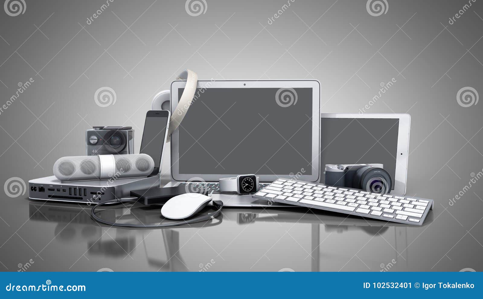 collection of consumer electronics 3d render on grey background