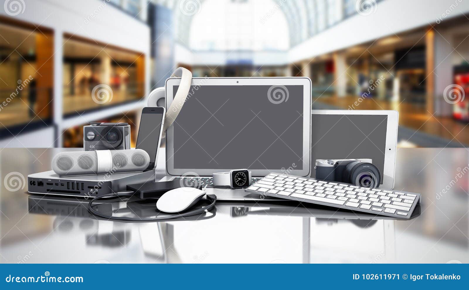 collection of consumer electronics 3d render on sale background