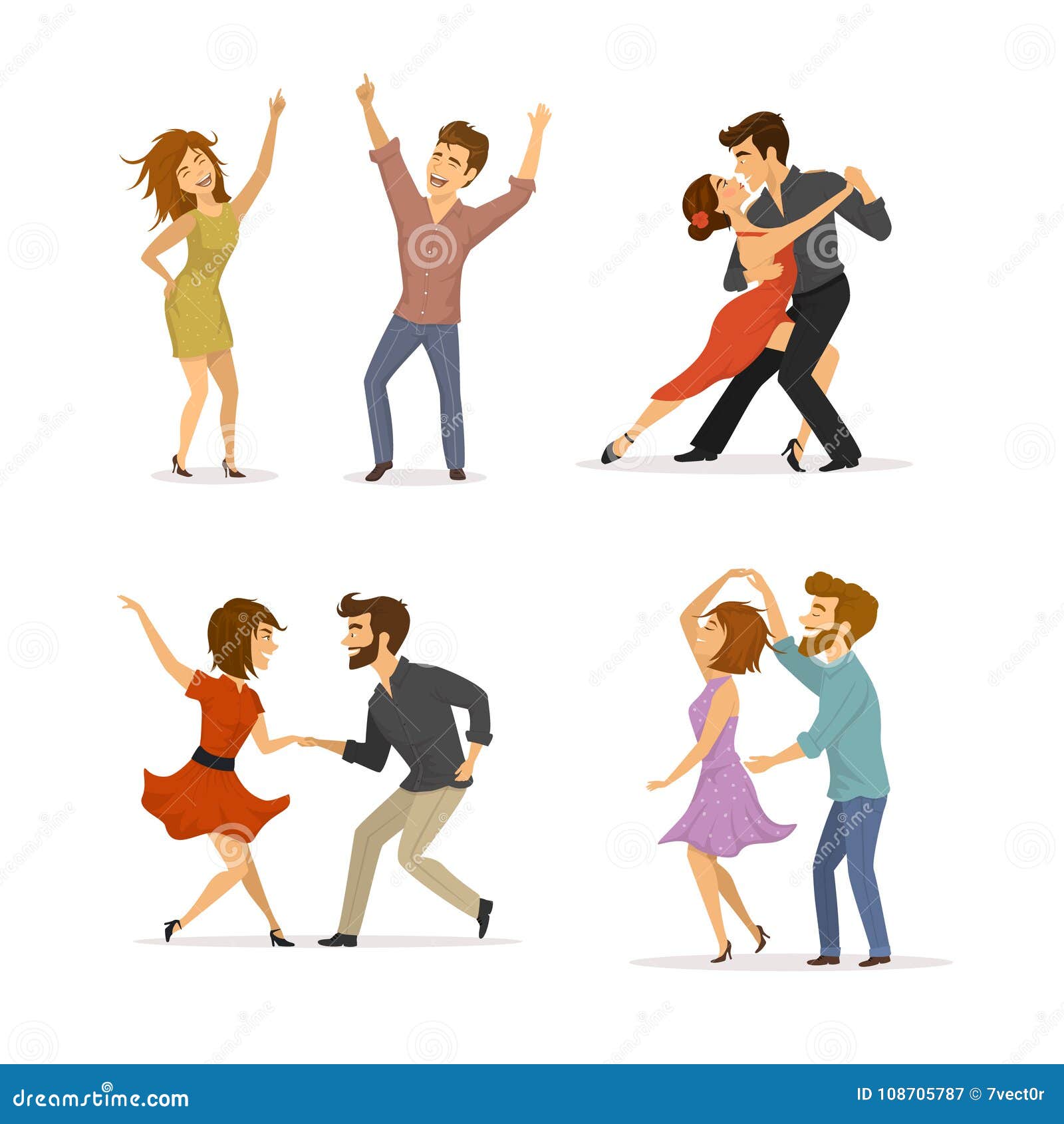 collection of couples dancing tango, twist, disco clubbing and romantic dance