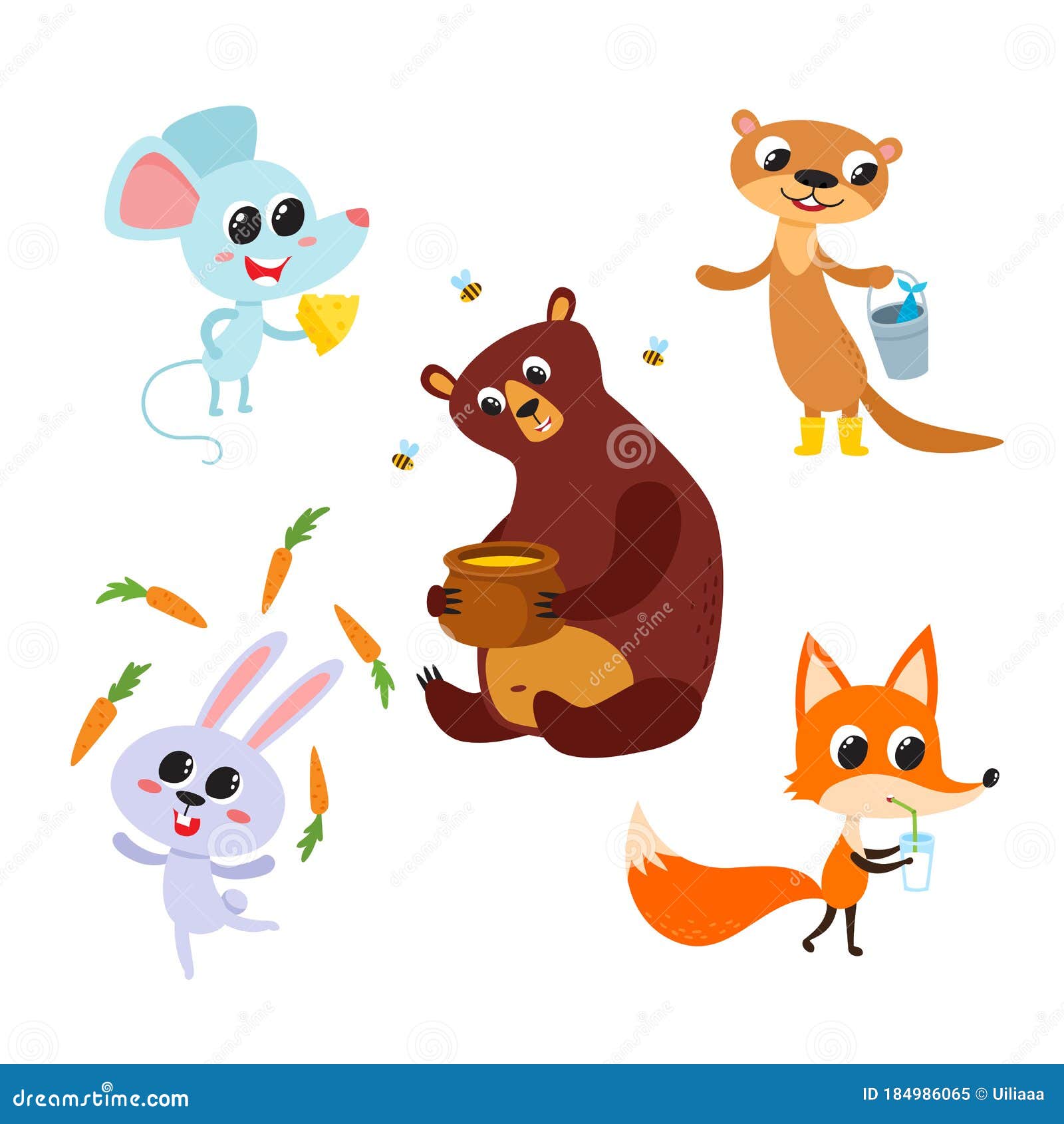 Collection of Cute Cartoon Animals with Meal Isolated on White. Stock  Vector - Illustration of cute, colorful: 184986065