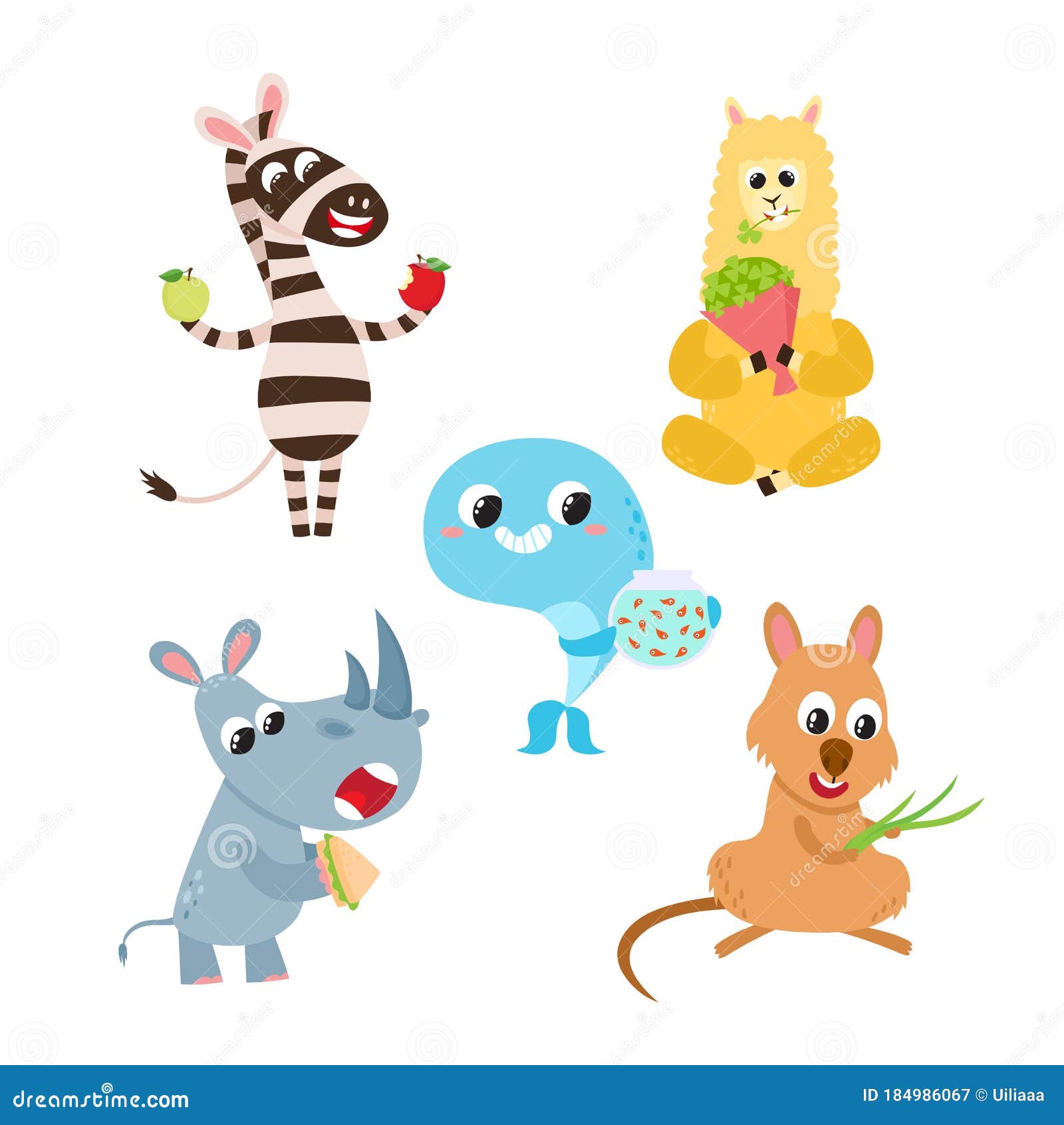 Collection of Cute Cartoon Animals with Meal Isolated on White. Stock  Vector - Illustration of dinner, mammal: 184986067