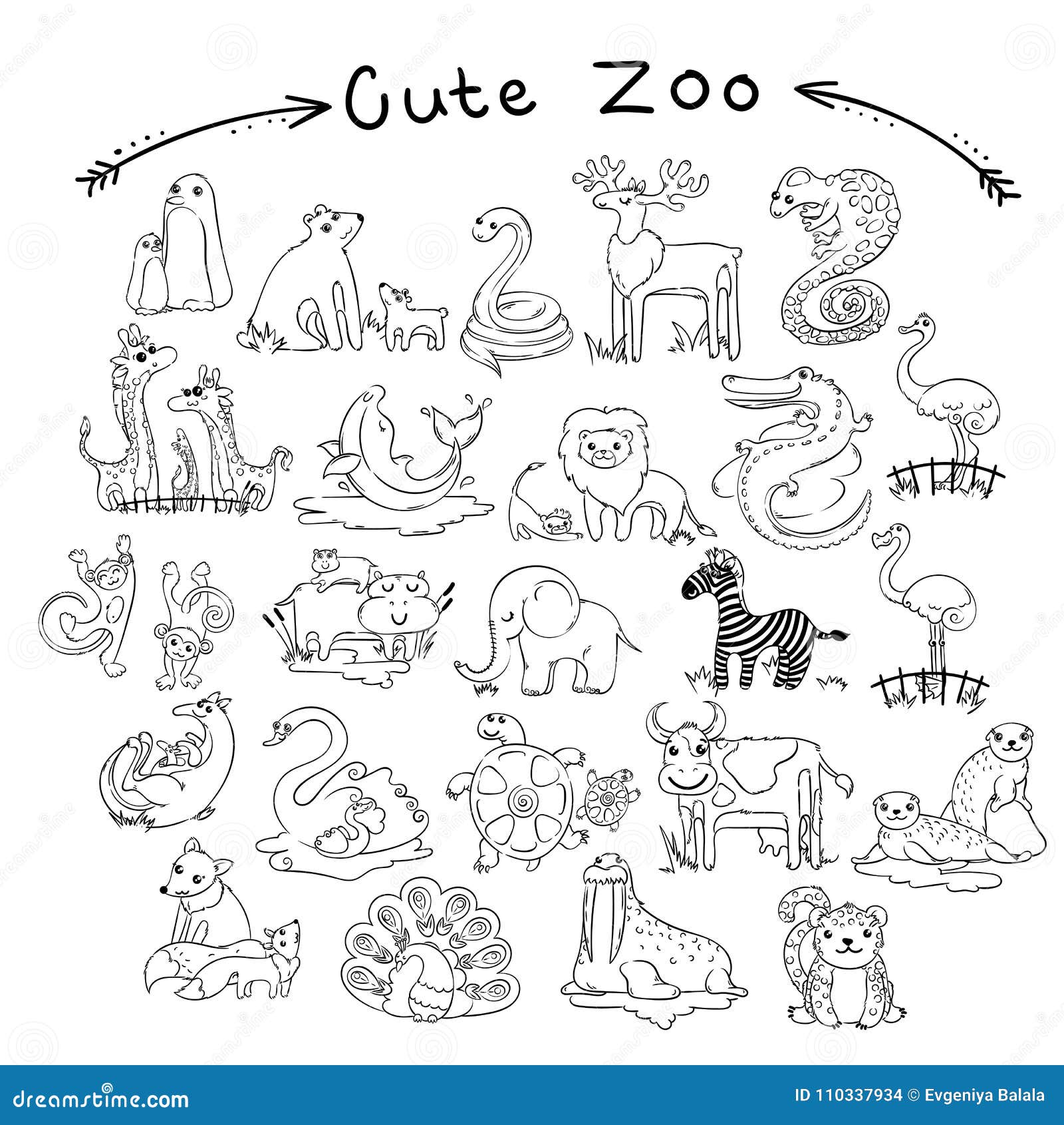 Collection of Cute Cartoon Doodle Animals and Birds of the World. Lined for Coloring Pages Stock Vector - Illustration of lion, hippo: 110337934 Collection of Cute Cartoon Doodle Animals and Birds of the World. Lined for Coloring Pages Stock Vector - Illustration of lion, hippo: 110337934