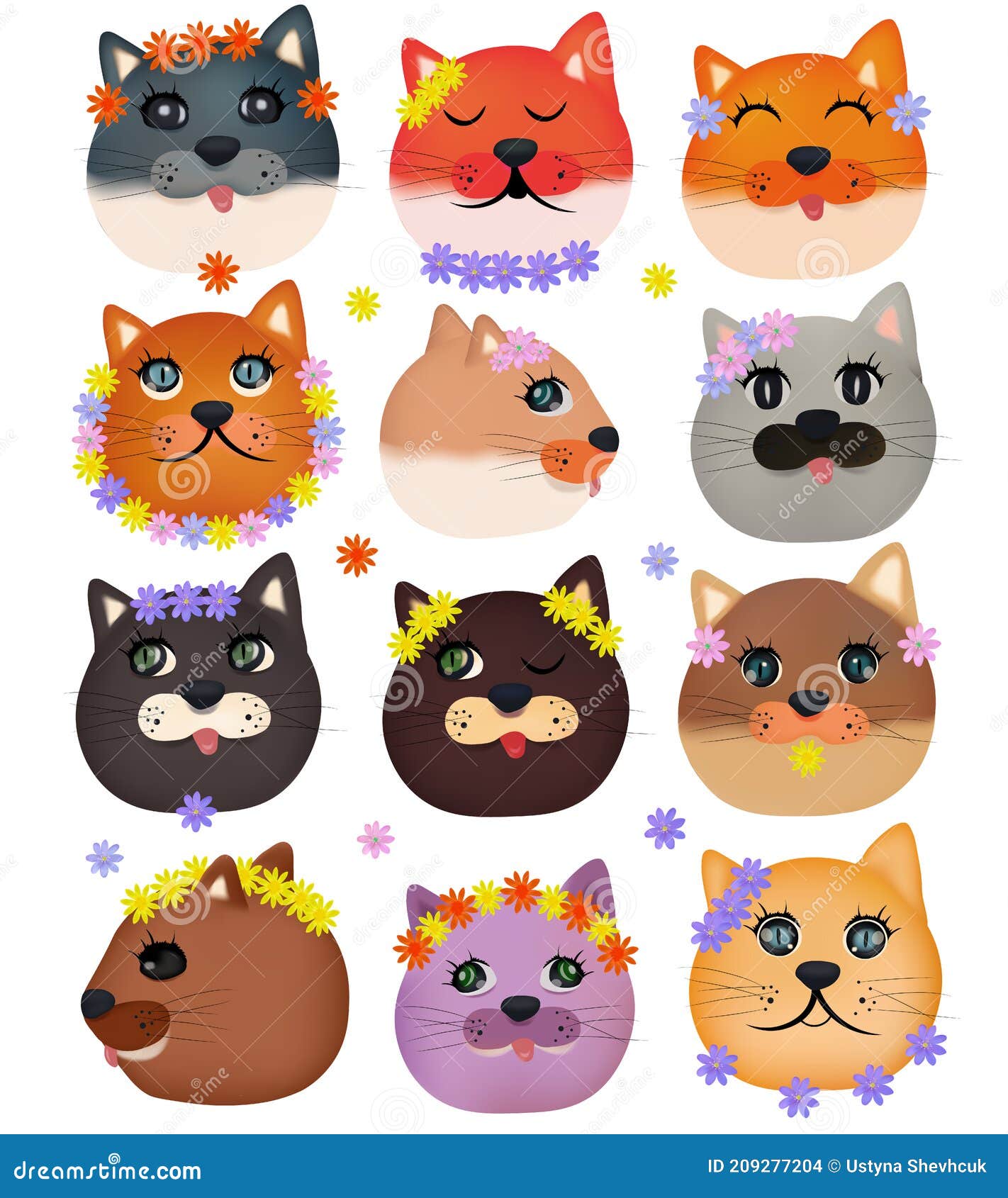 Collection of Cute Cat Faces with Flowers on White Background. Colorful ...