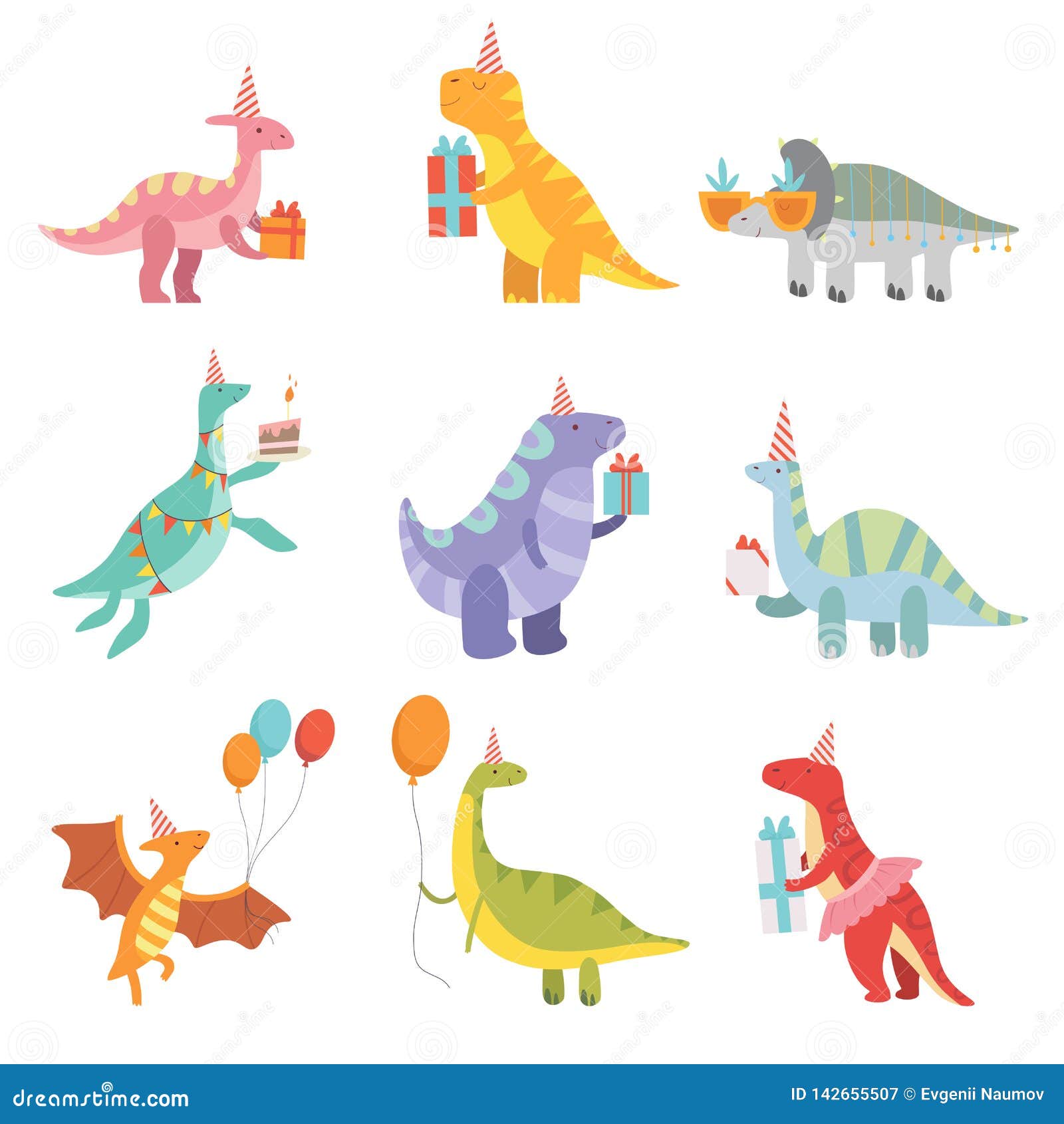 Download Collection Of Cute Dinosaurs In Party Hats With Gift Boxes ...