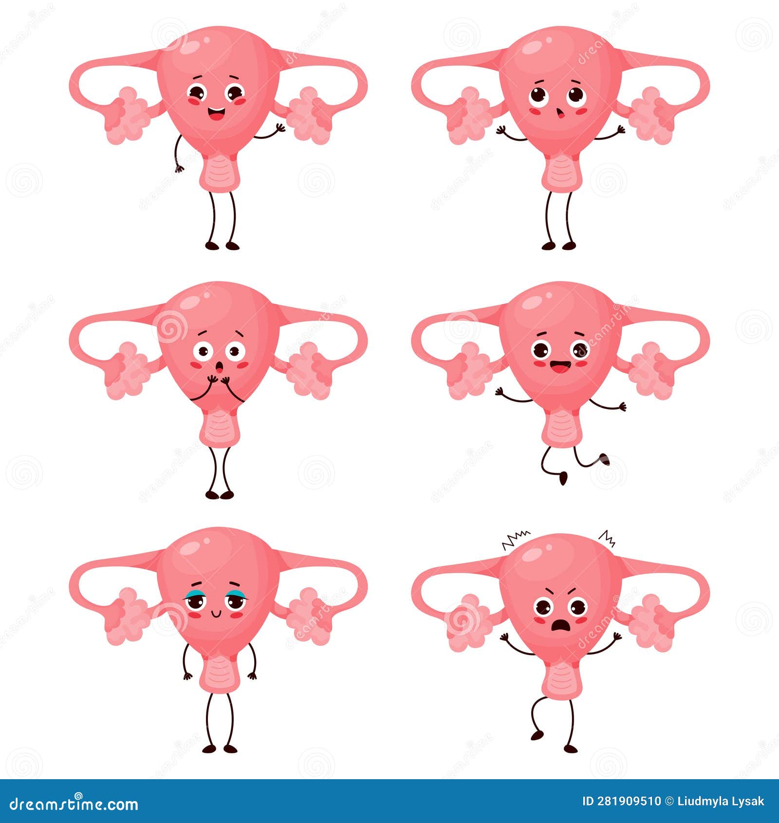 Collection Cute Female Cartoon Uterus. Human Reproductive Organ ...