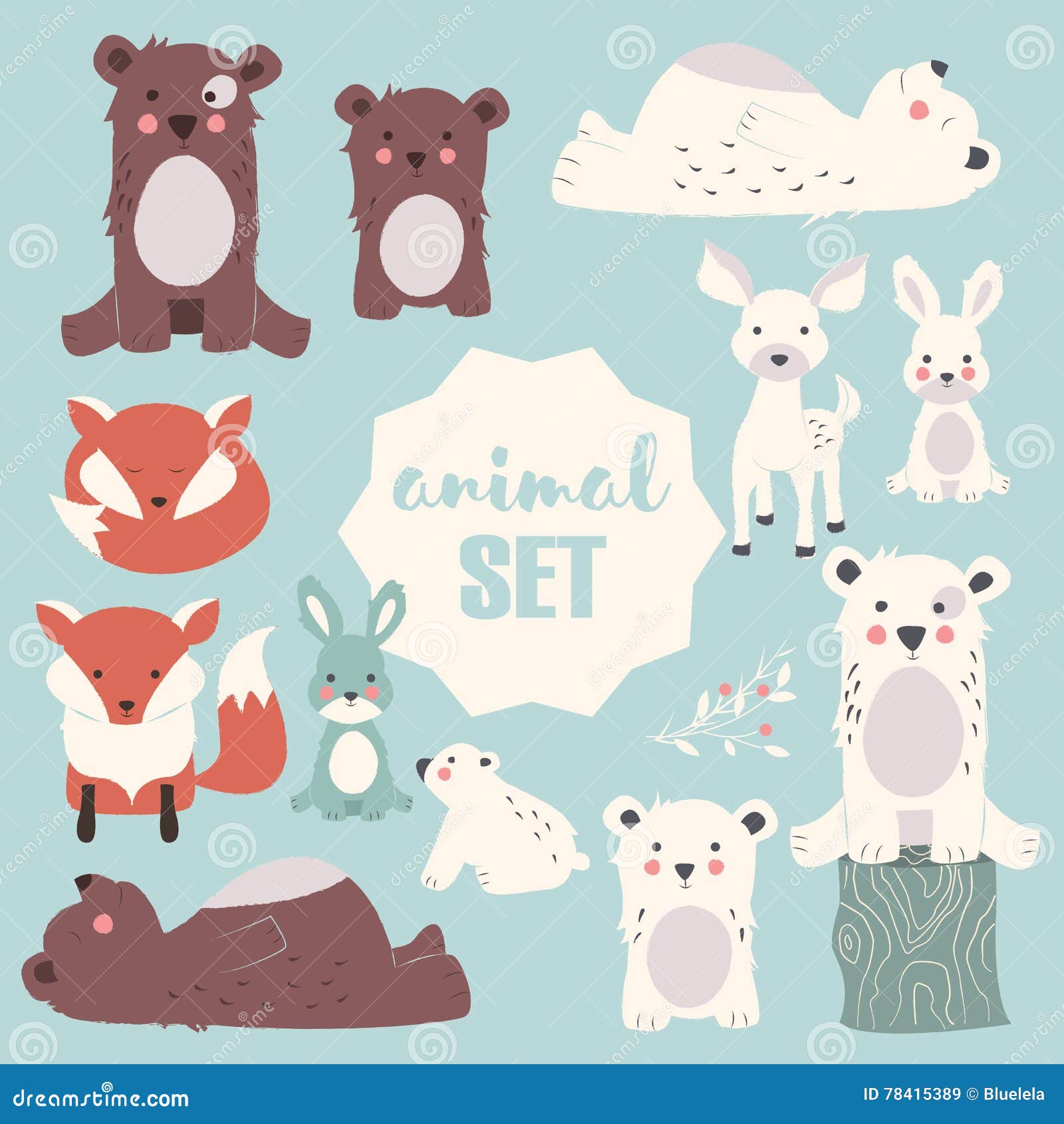 collection of cute forest and polar animals with baby cubs, including bear, fox, fawn and rabbit
