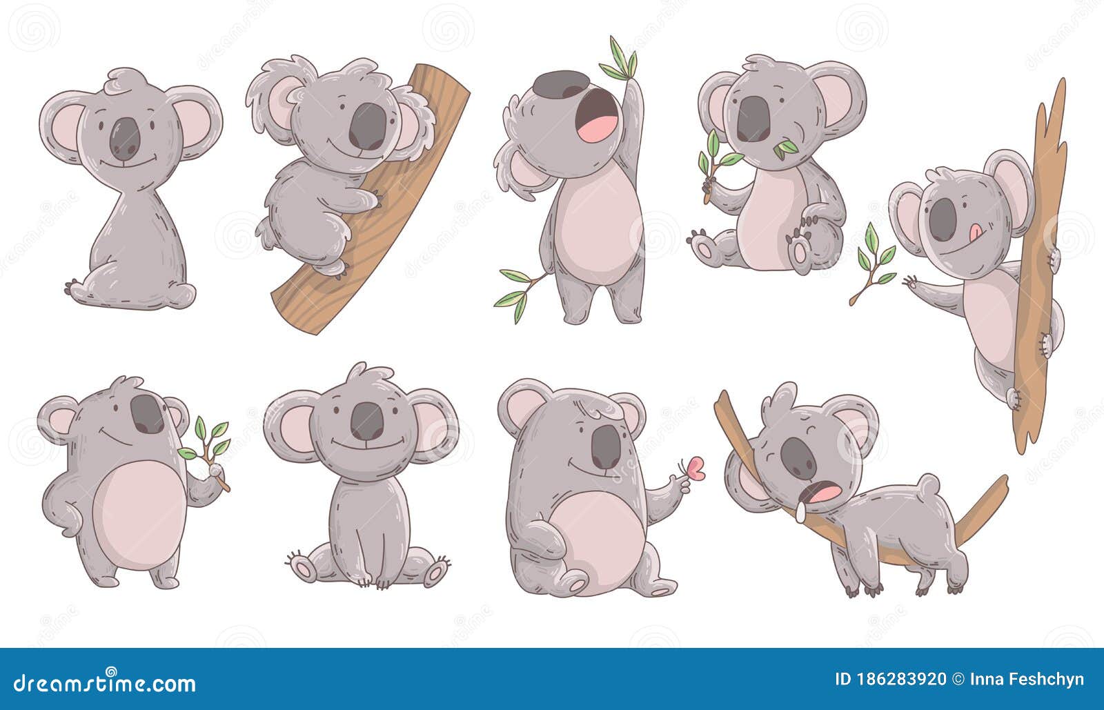 Collection Cute Koala in Different Poses. Hand Drawn Doodle of Lazy Animals  Stock Vector - Illustration of exotic, butterfly: 186283920