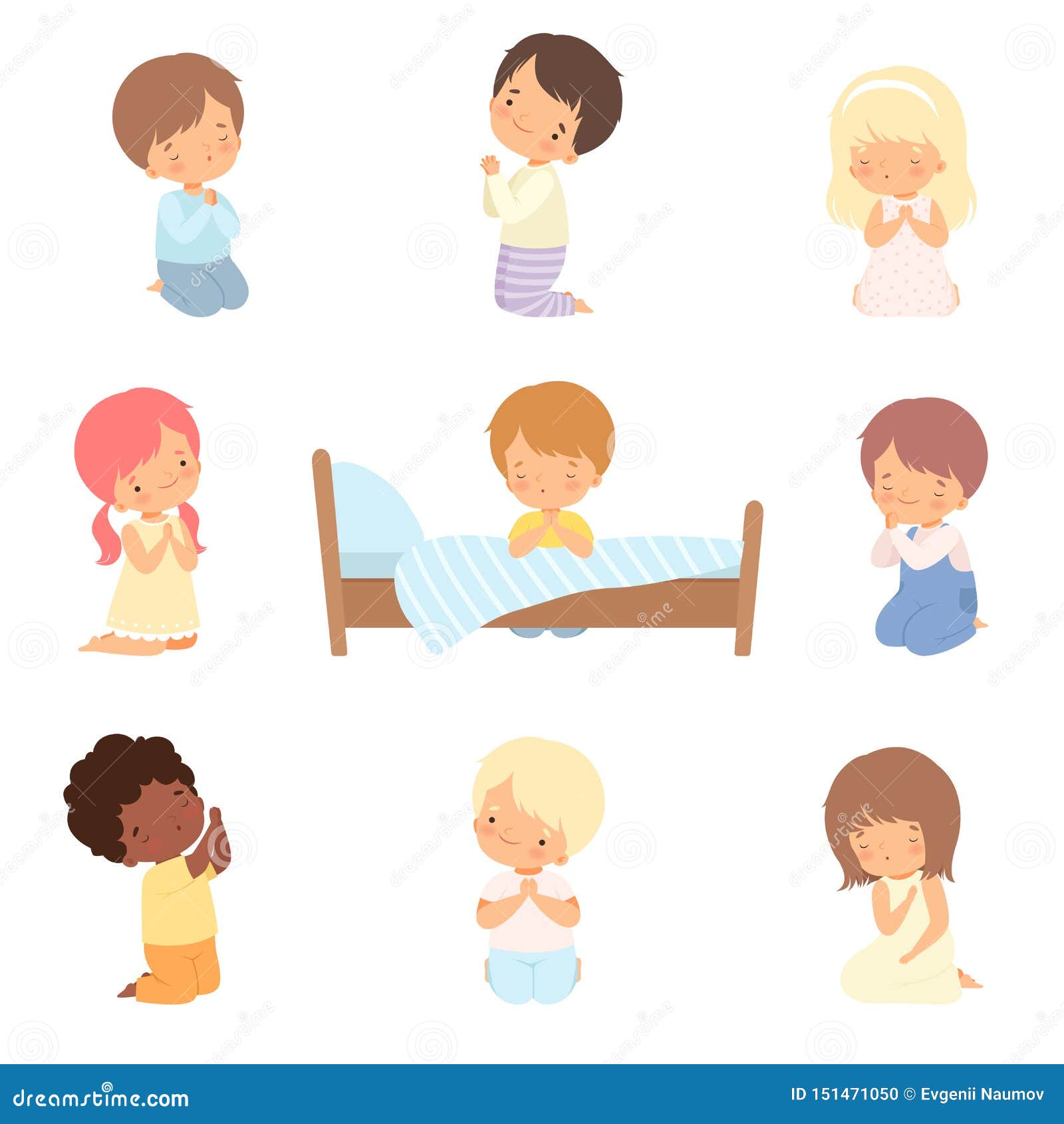 collection of cute little children characters kneeling and praying cartoon  