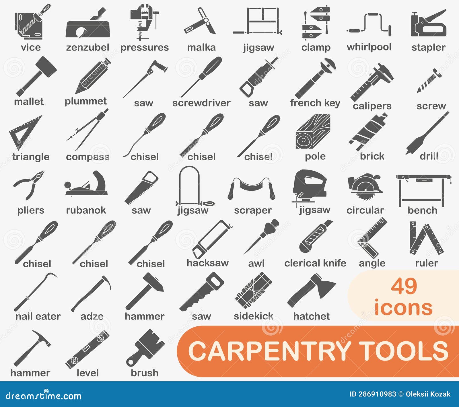 Collection of Dark Full Icons of Carpentry Tools. Tool for a Carpentry  Workshop with the Name Stock Vector - Illustration of screwdriver, hand:  286910983, image size:1600x1419