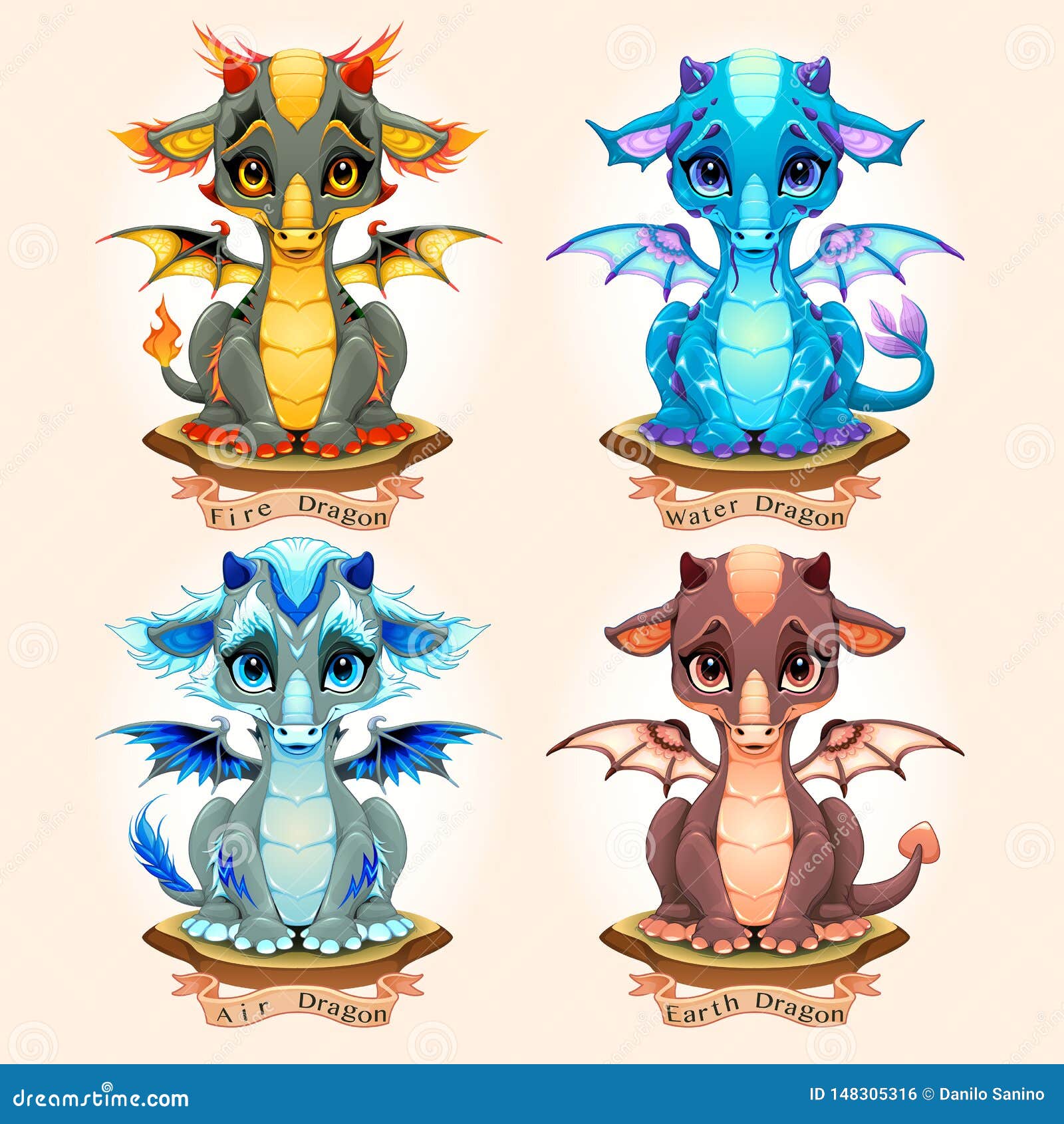 Collection De Quatre Dragons Feux Eaux Airs Et Terres Naturels De Bebe D Element Illustration De Vecteur Illustration Du Chiot Lionceau