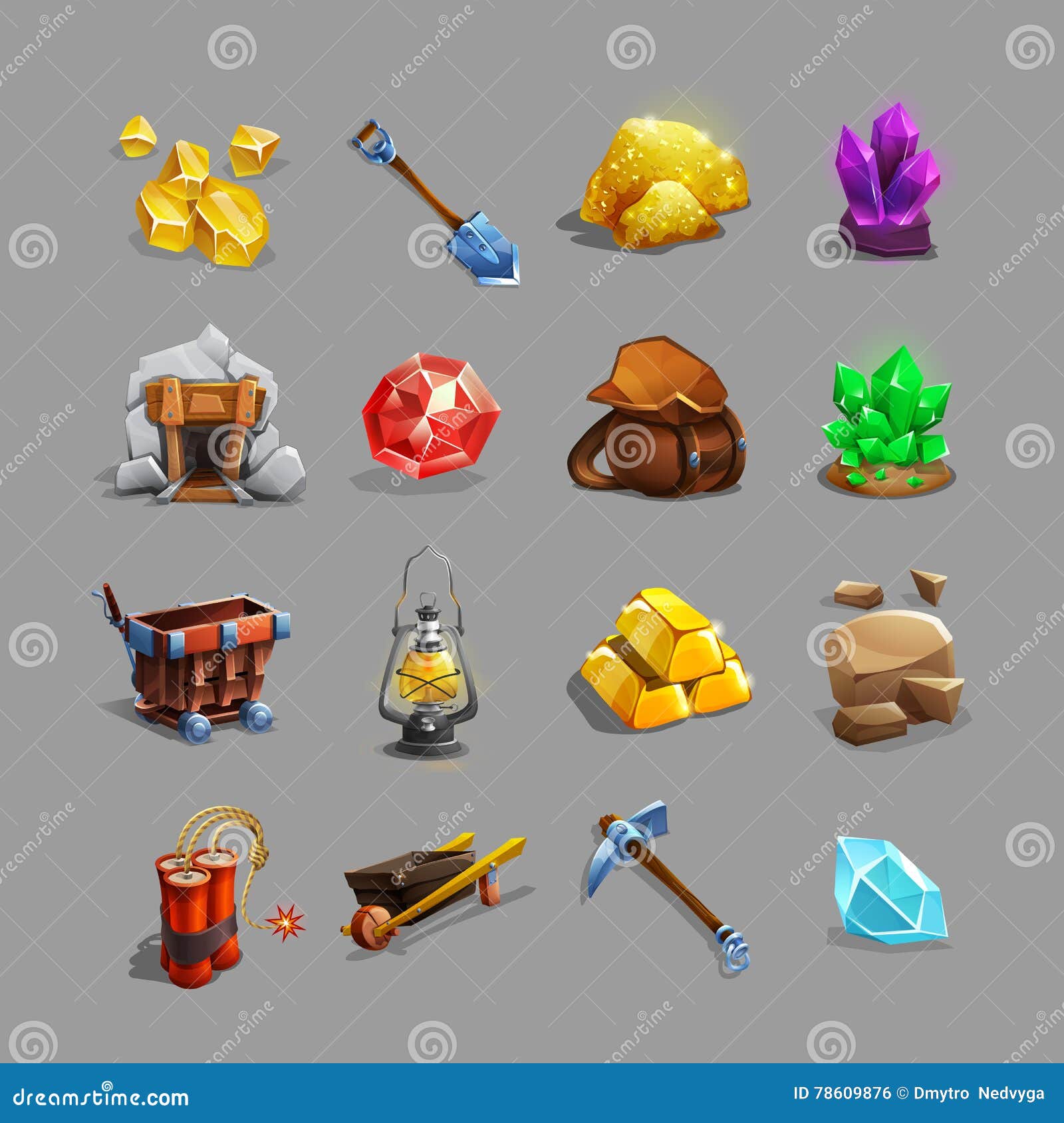 collection of decoration icons for mining strategy game. set of cartoon picking tools, stones, crystals, ores and gems.