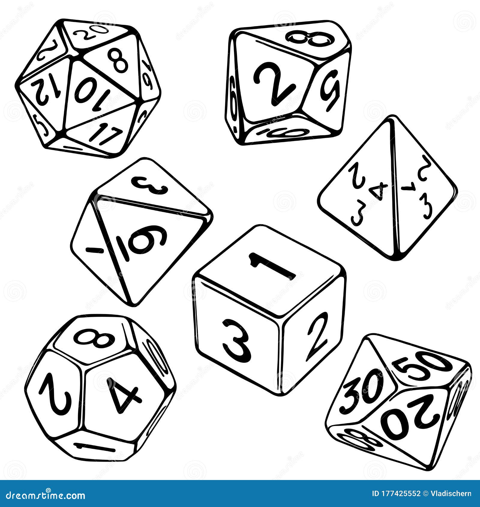 collection of dice for role-playing games  on white background hand drawn   sketch