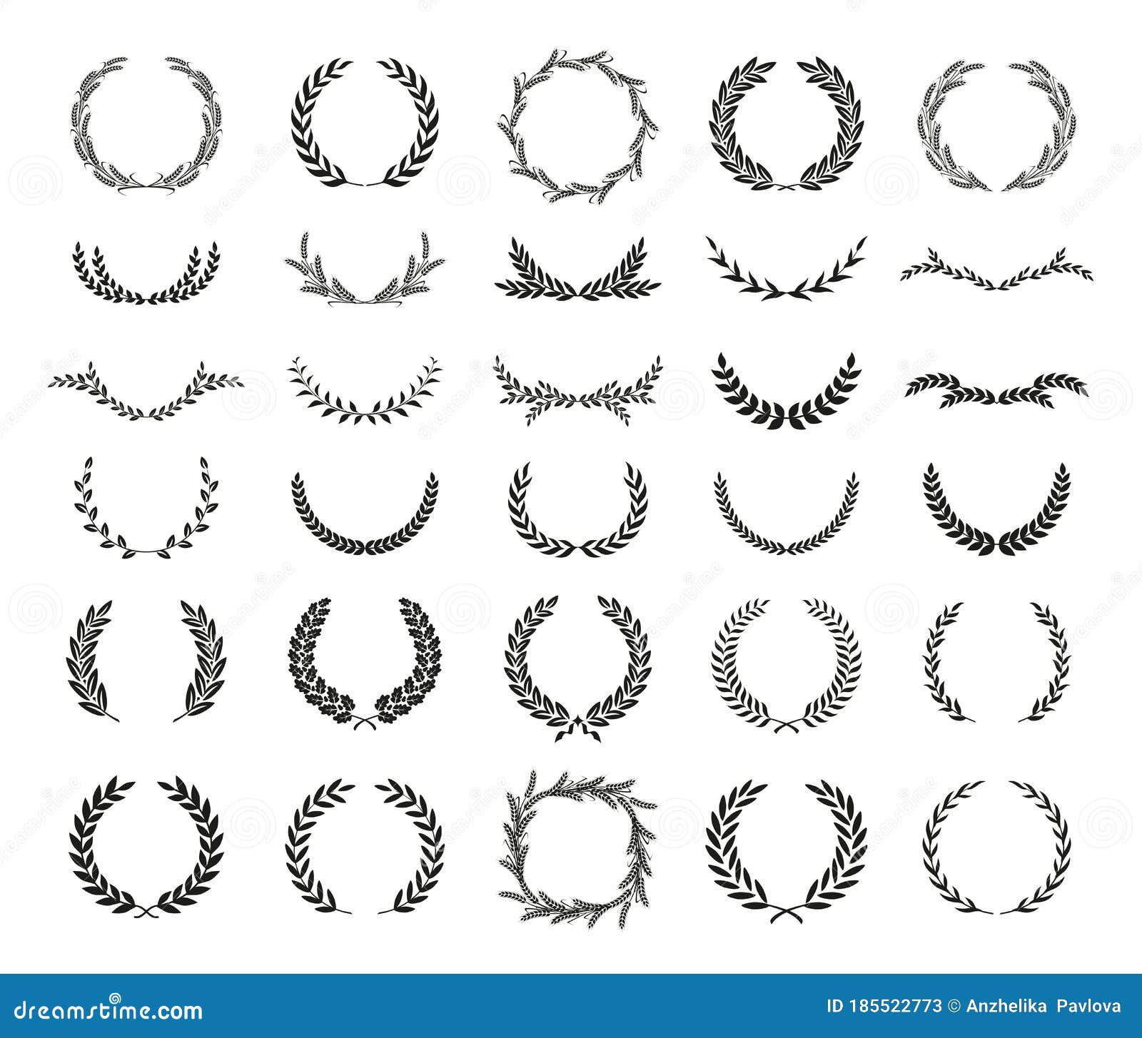 collection of different black and white silhouette circular laurel foliate, wheat and oak wreaths depicting an award, achievement
