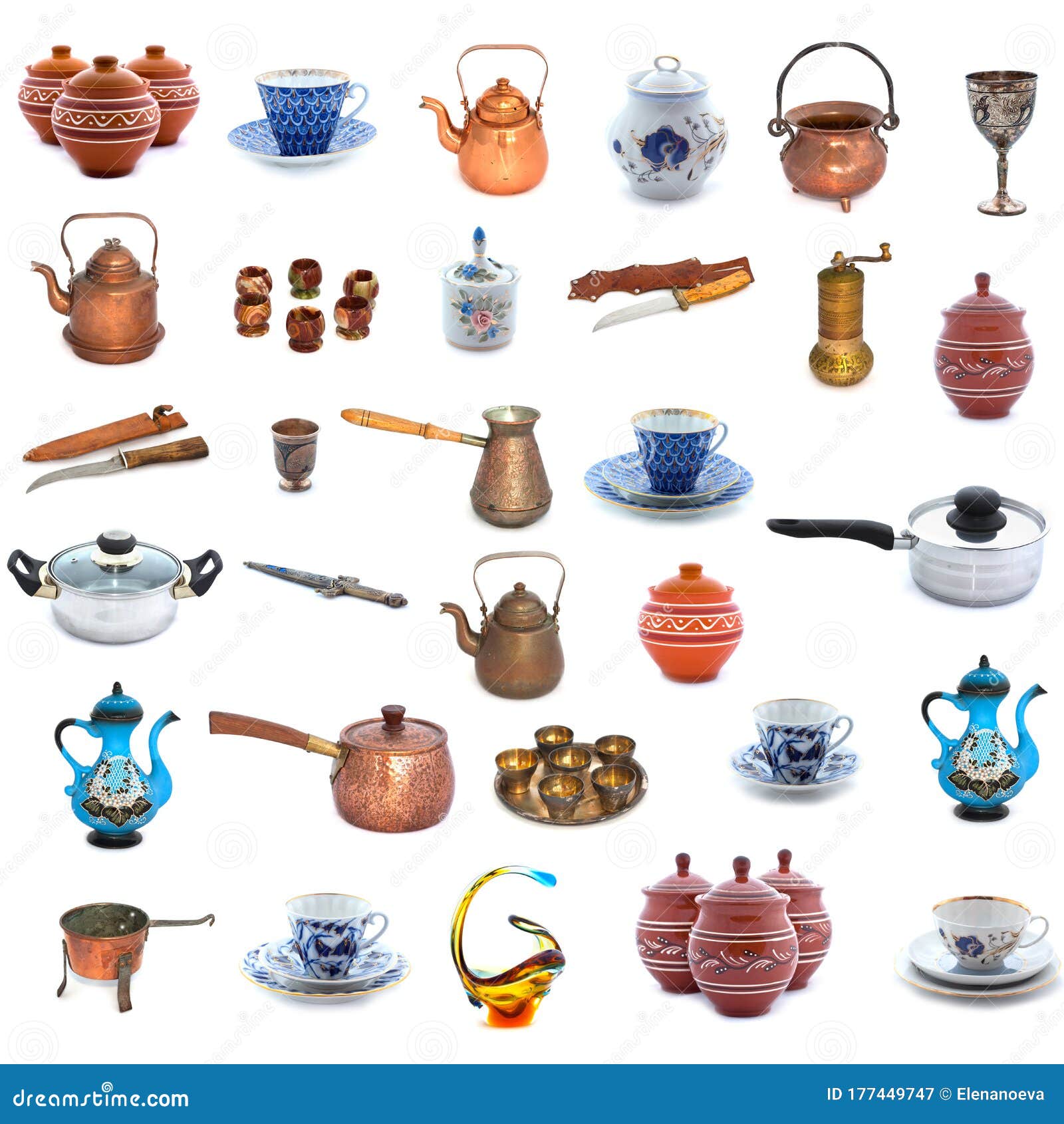 Collection of Different Dishes and Tools on White Background. Full Size Stock Image Image of