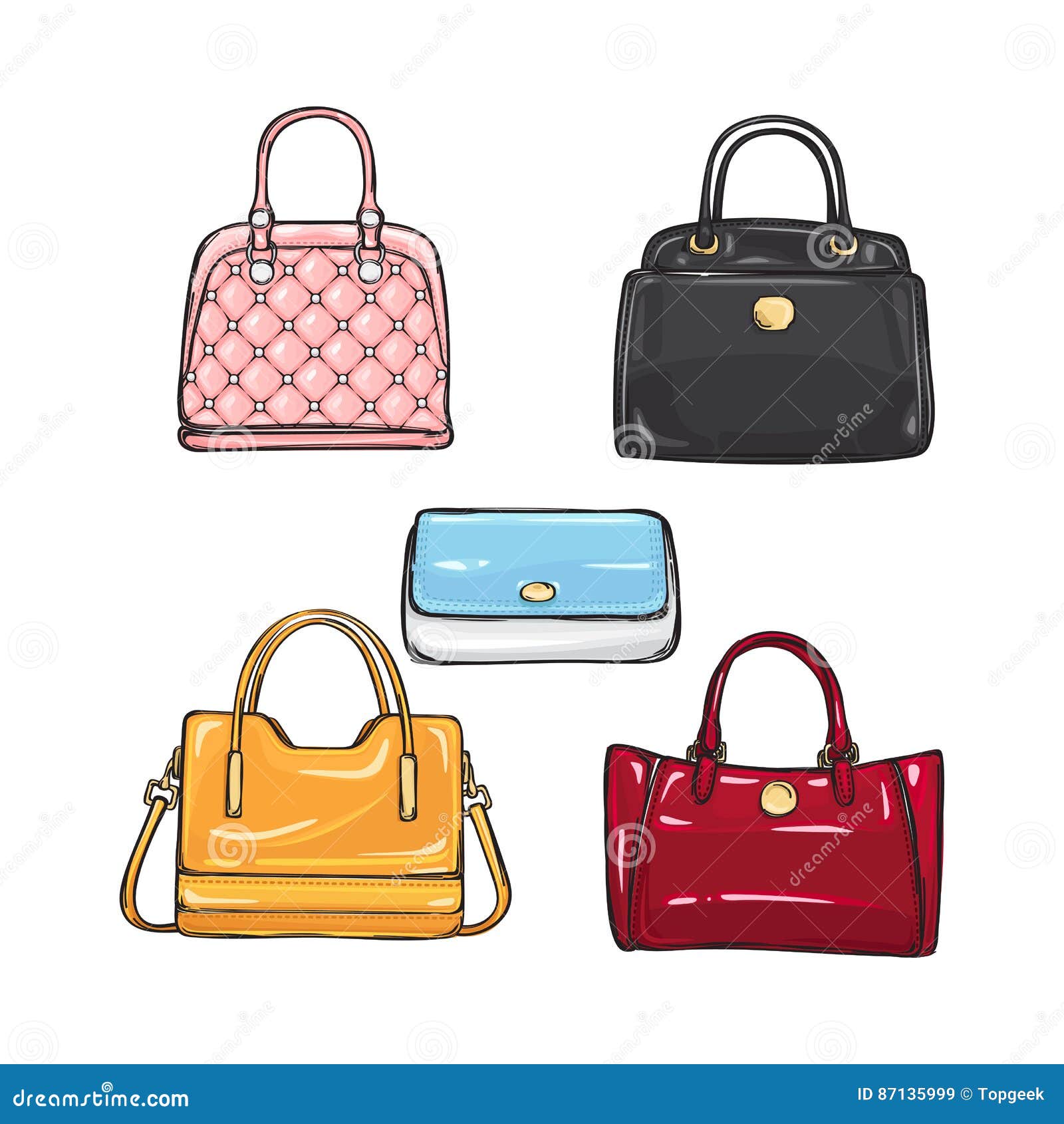 collection different handbags women illustrations various shape size colour pink black yellow blue red purses 87135999
