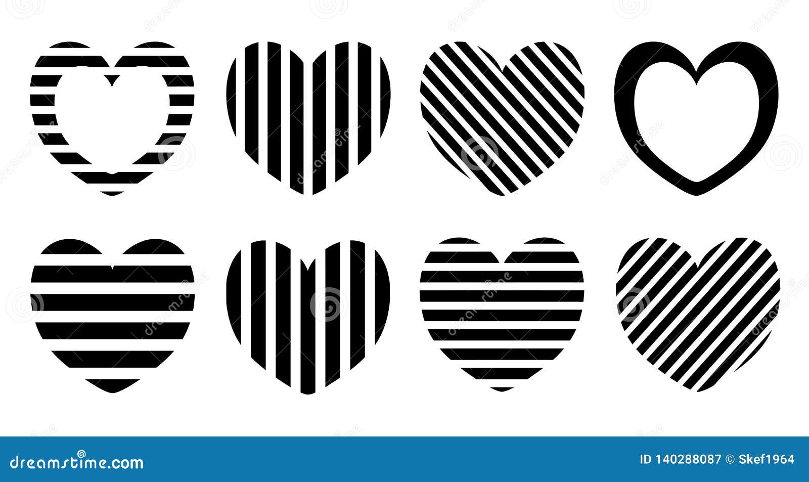 Striped Texture Abstract Black and White Hearts Icon Set. Vector Image ...