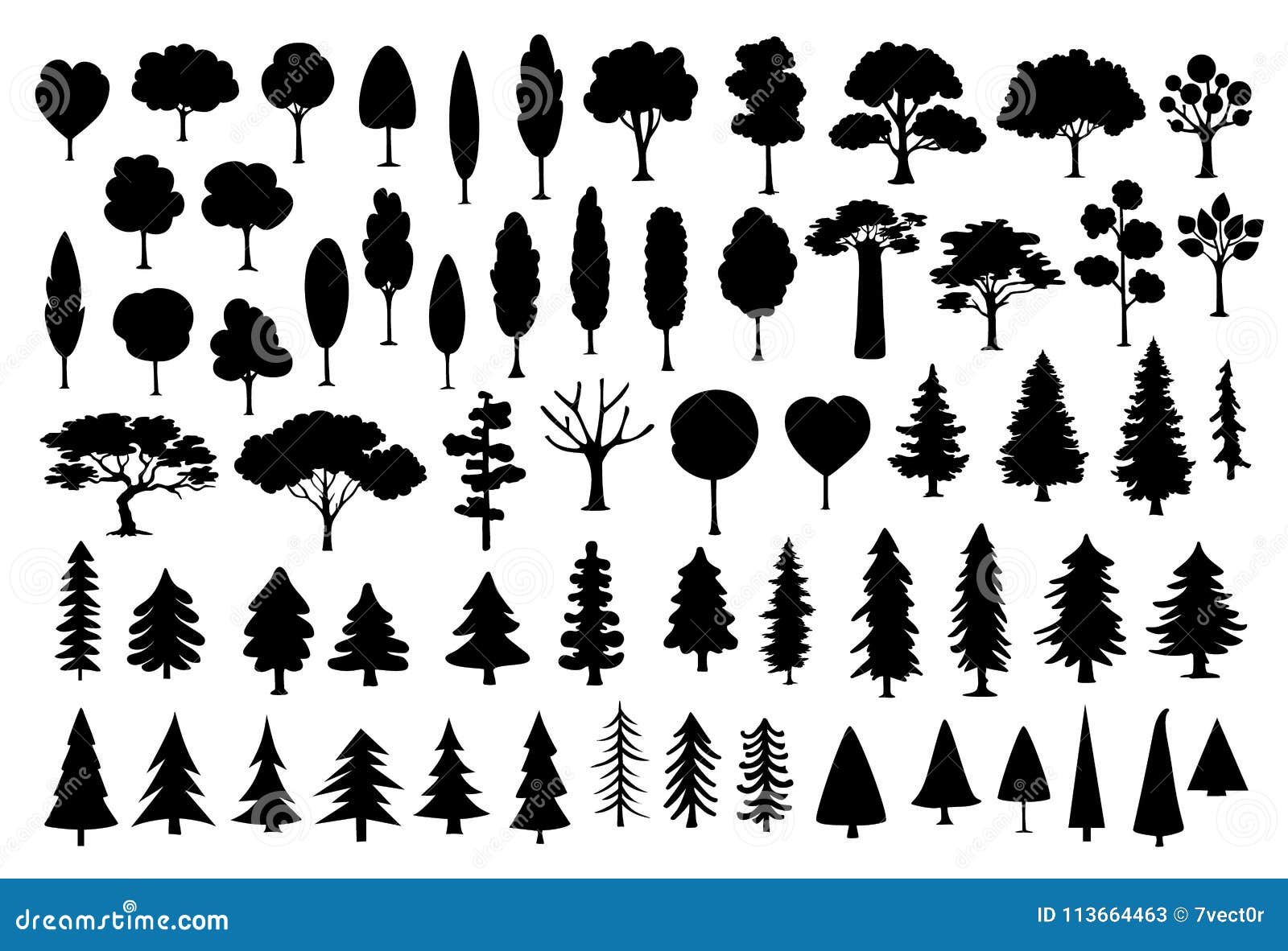 collection of different park, forest, conifer cartoon trees silhouettes in black color