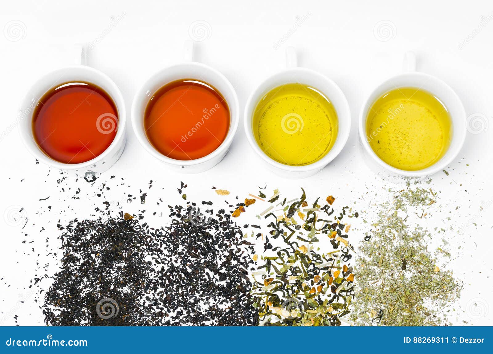 Collection of Different Teas in Cups with Tea Leaves on a White