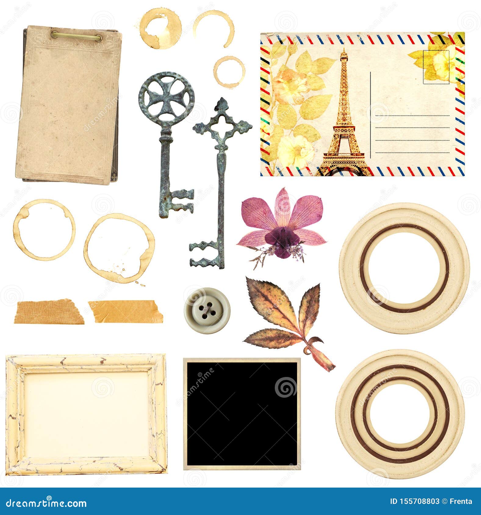 Scrap booking, on a white background, top view. Stock Photo by