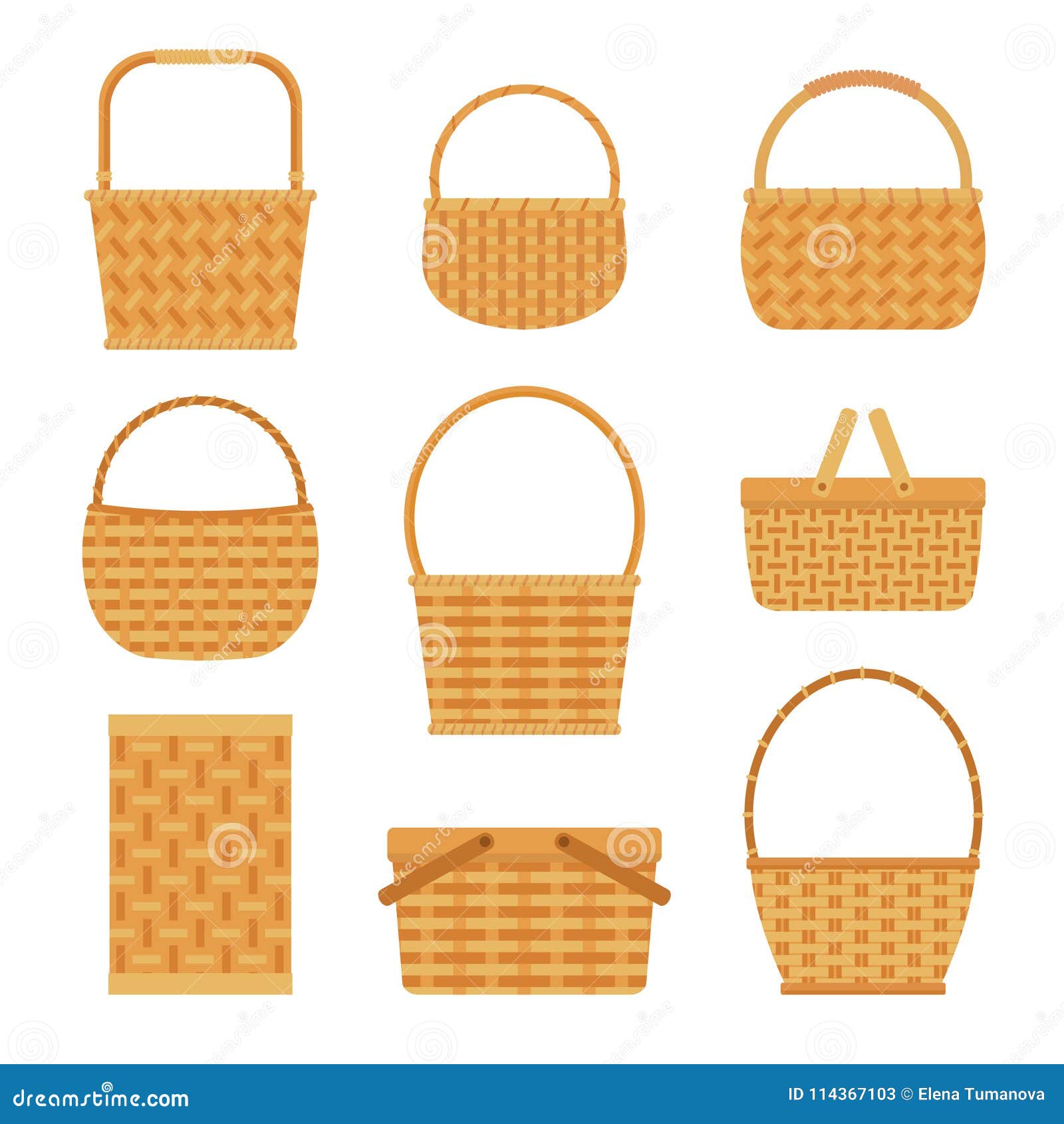 Collection of Empty Baskets, Isolated on White Background. Stock Vector