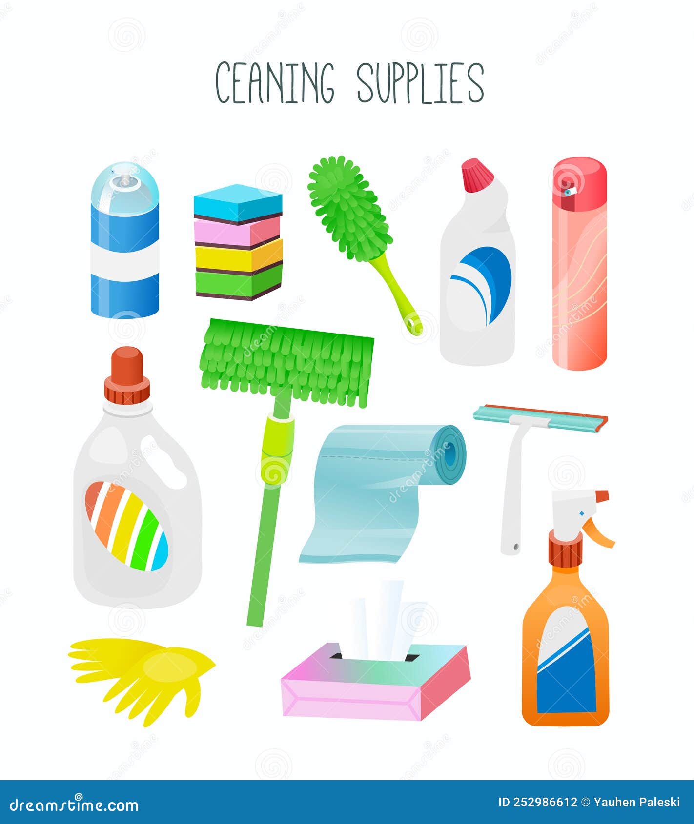 Cleaning supplies, tools, household chemicals and cleaning solutions.  Household detergents, trash can, mop, gloves and bucket vector Illustration  set. House cleaning supplies, Stock vector