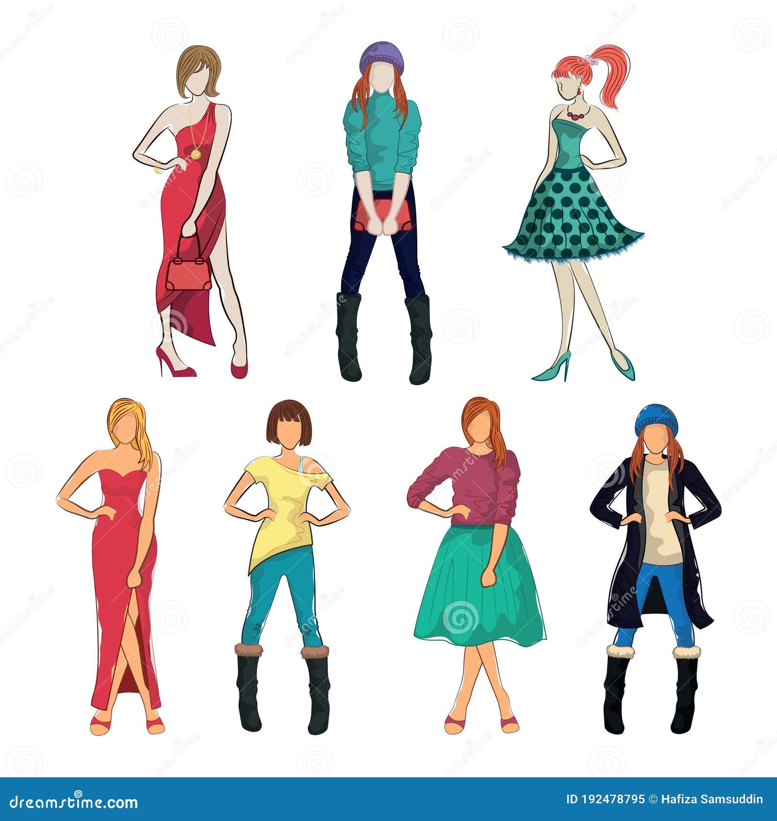 Collection of Fashion Models in Various Outfit. Vector Illustration  Decorative Design Stock Vector - Illustration of drawings, flare: 192478795