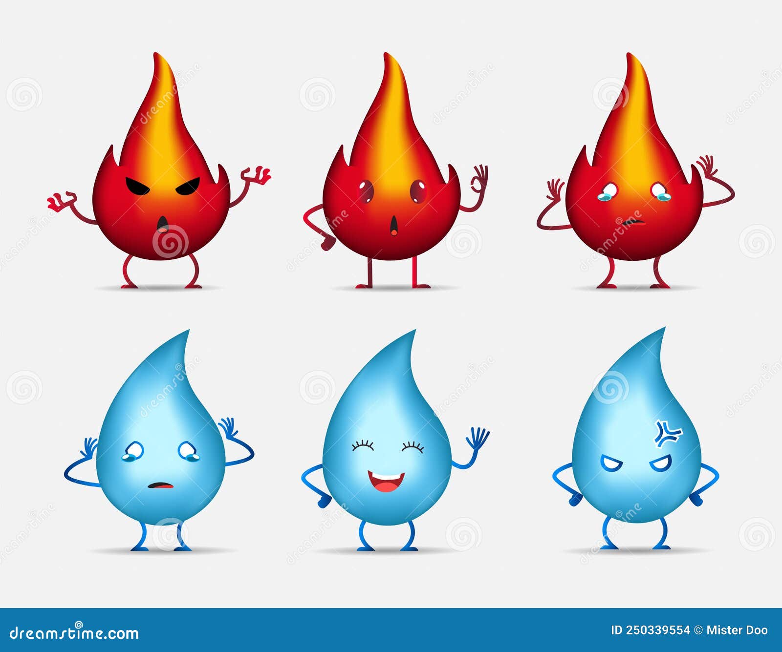 Collection of Fire and Water Cartoon Character Design Icon. Happy, Angry and Sad Different