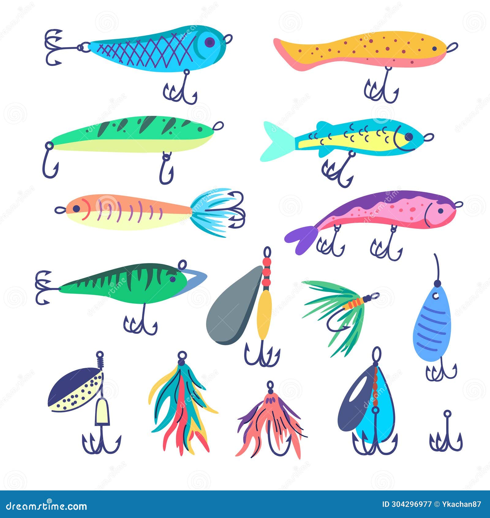 Collection of Fishing Baits. Various Types of Fishing Lure with