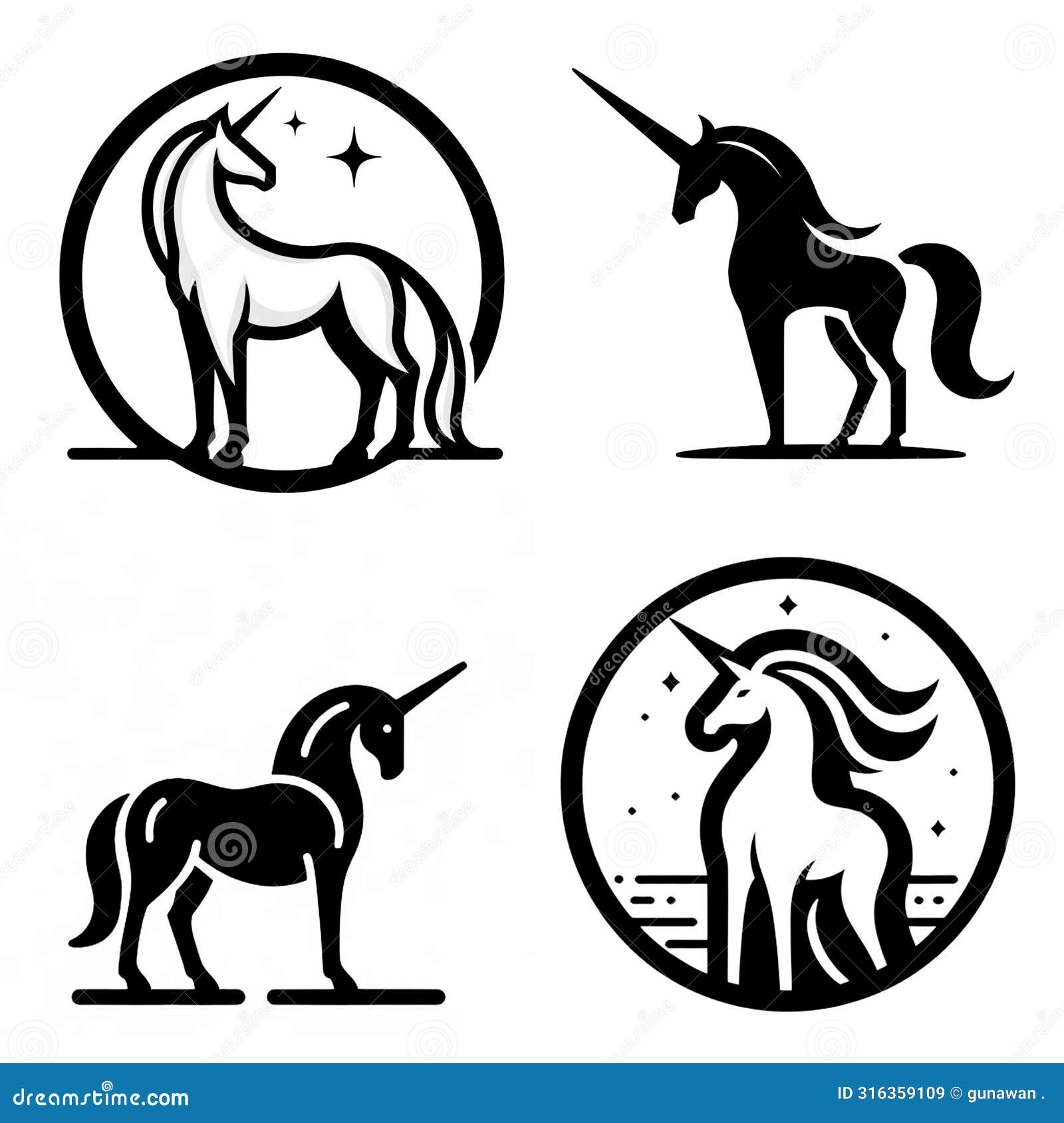 a collection of four simple and memorable licorne logos