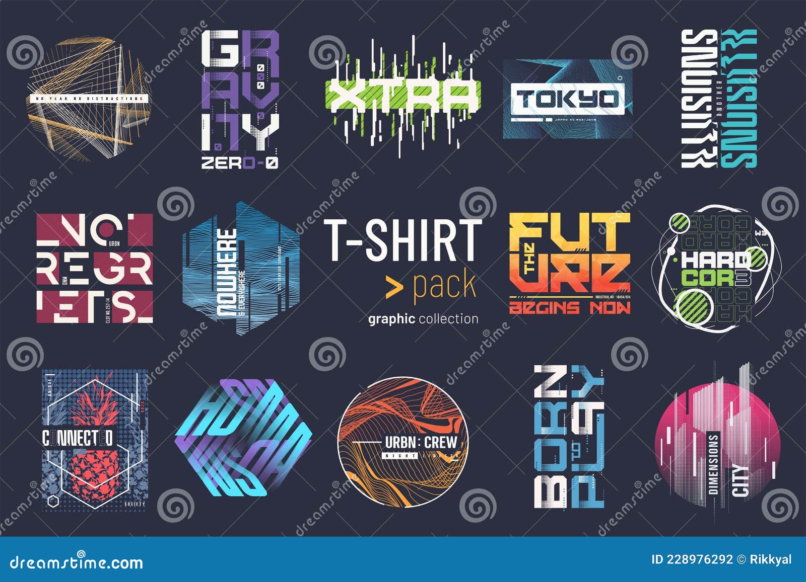 collection of fourteen colorful  t-shirt graphic s, prints, s