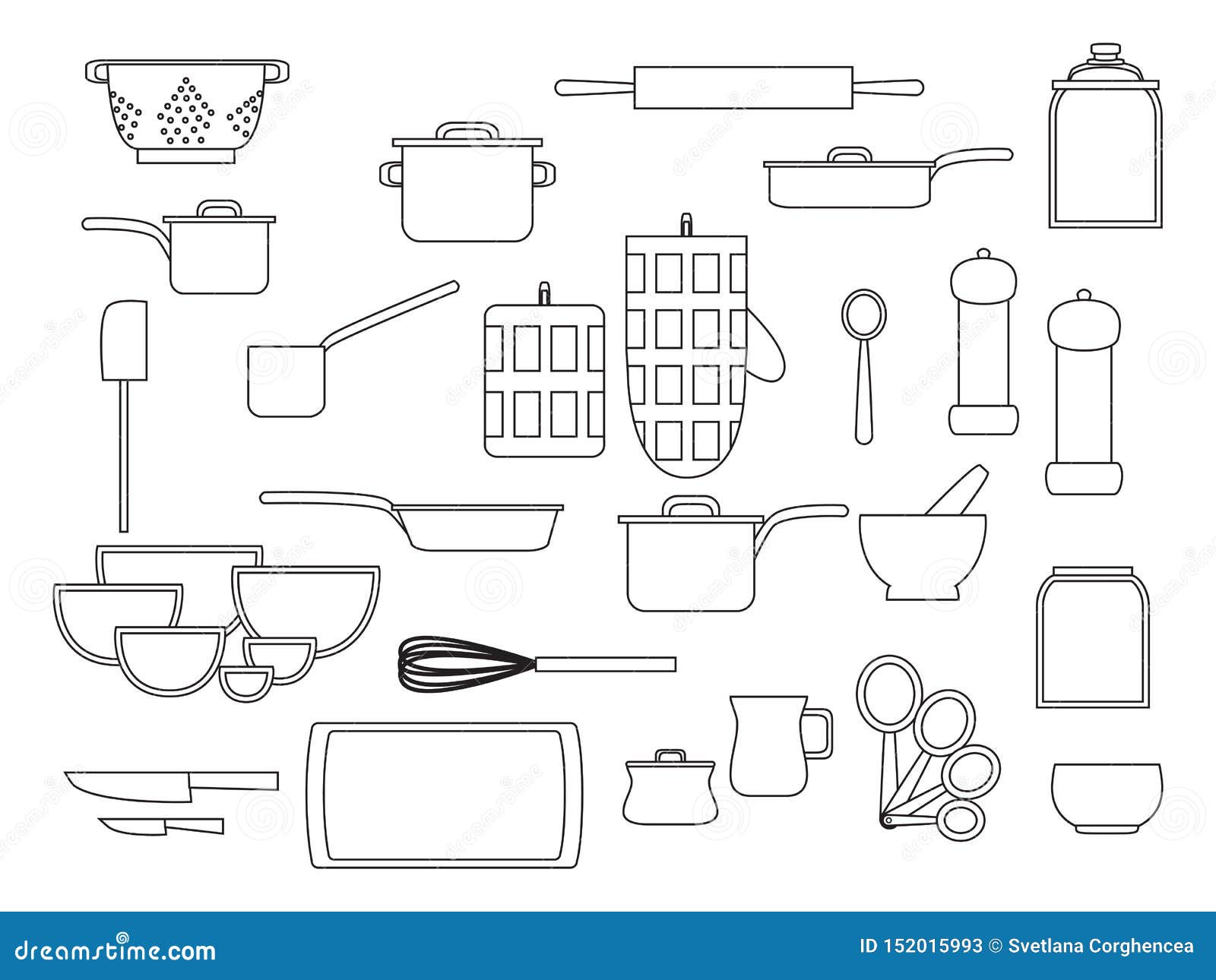 Collection of Glassware Kitchenware and Cookware Set of Kitchen Utensils for Home Cooking, Flat
