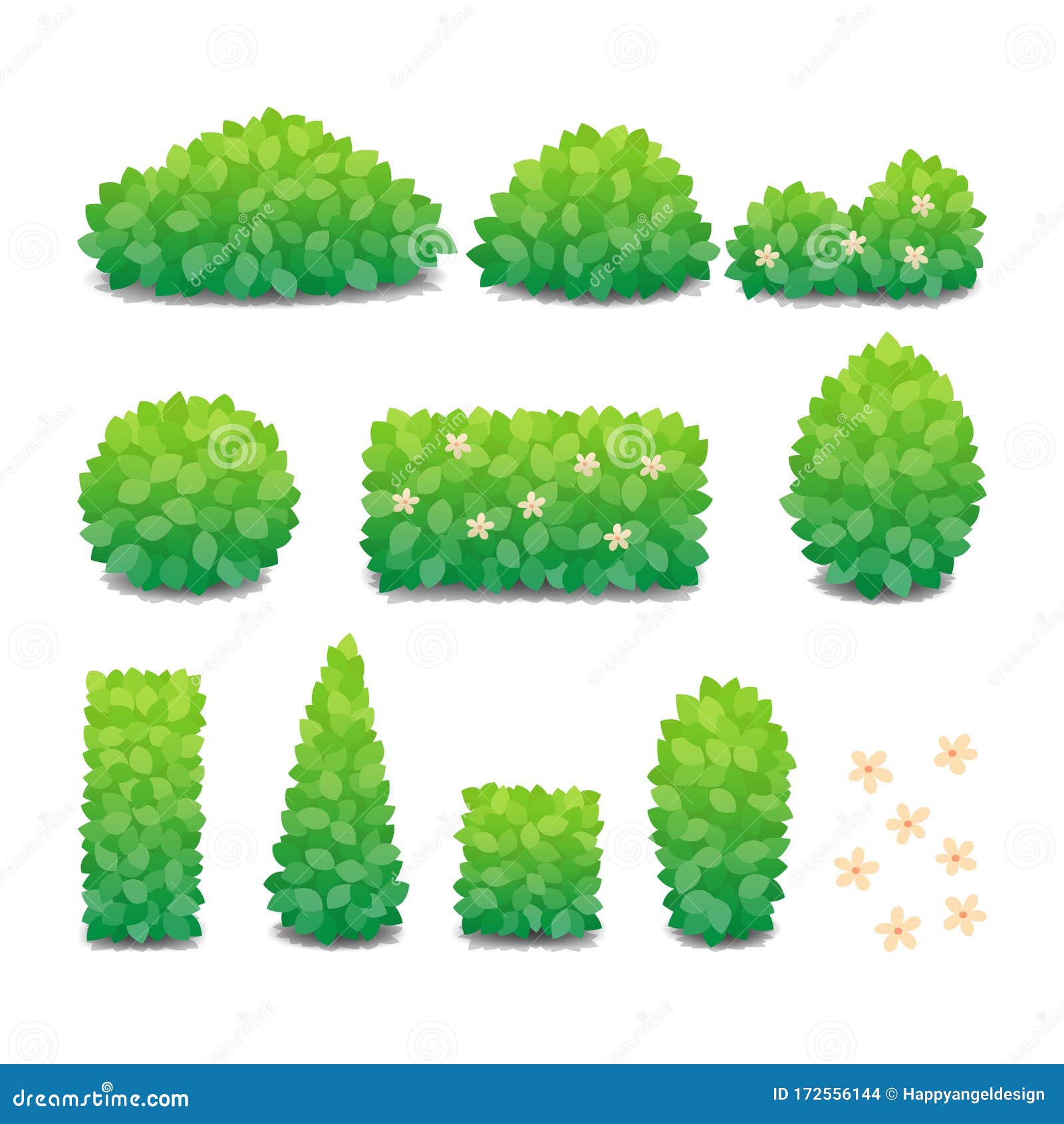 collection of green bushes with flowers  on white background.