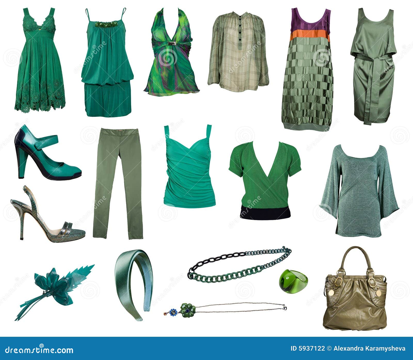 Collection Of Green Clothes  And Accessories Stock 