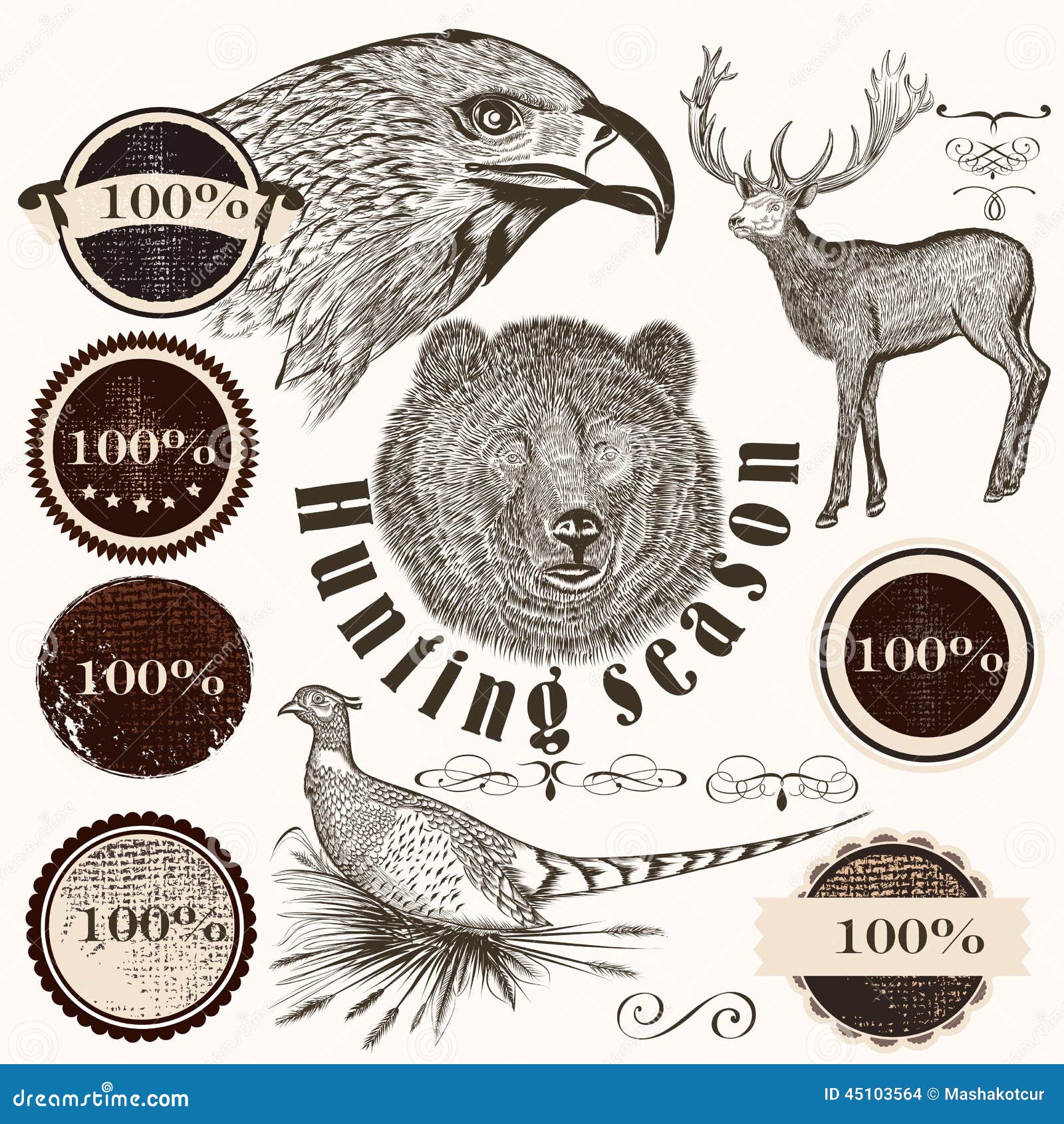 Collection of Hand Drawn Animals and Labels Stock Vector Illustration