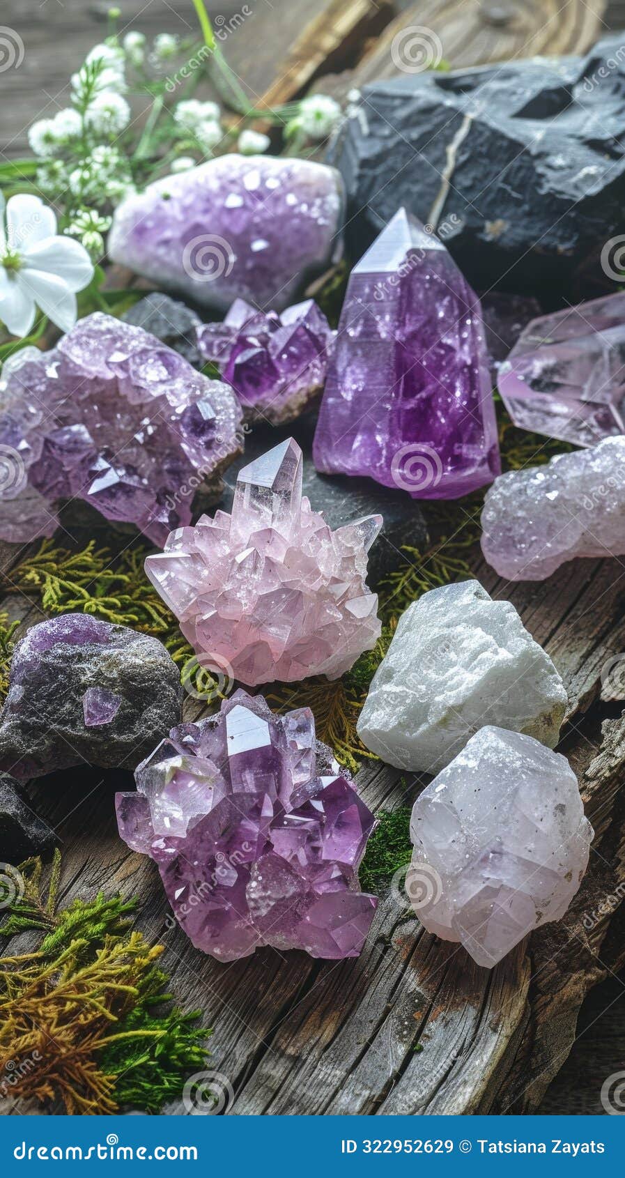 healing crystals like amethyst, rose quartz, and obsidian on wooden surface. new age vertical banner