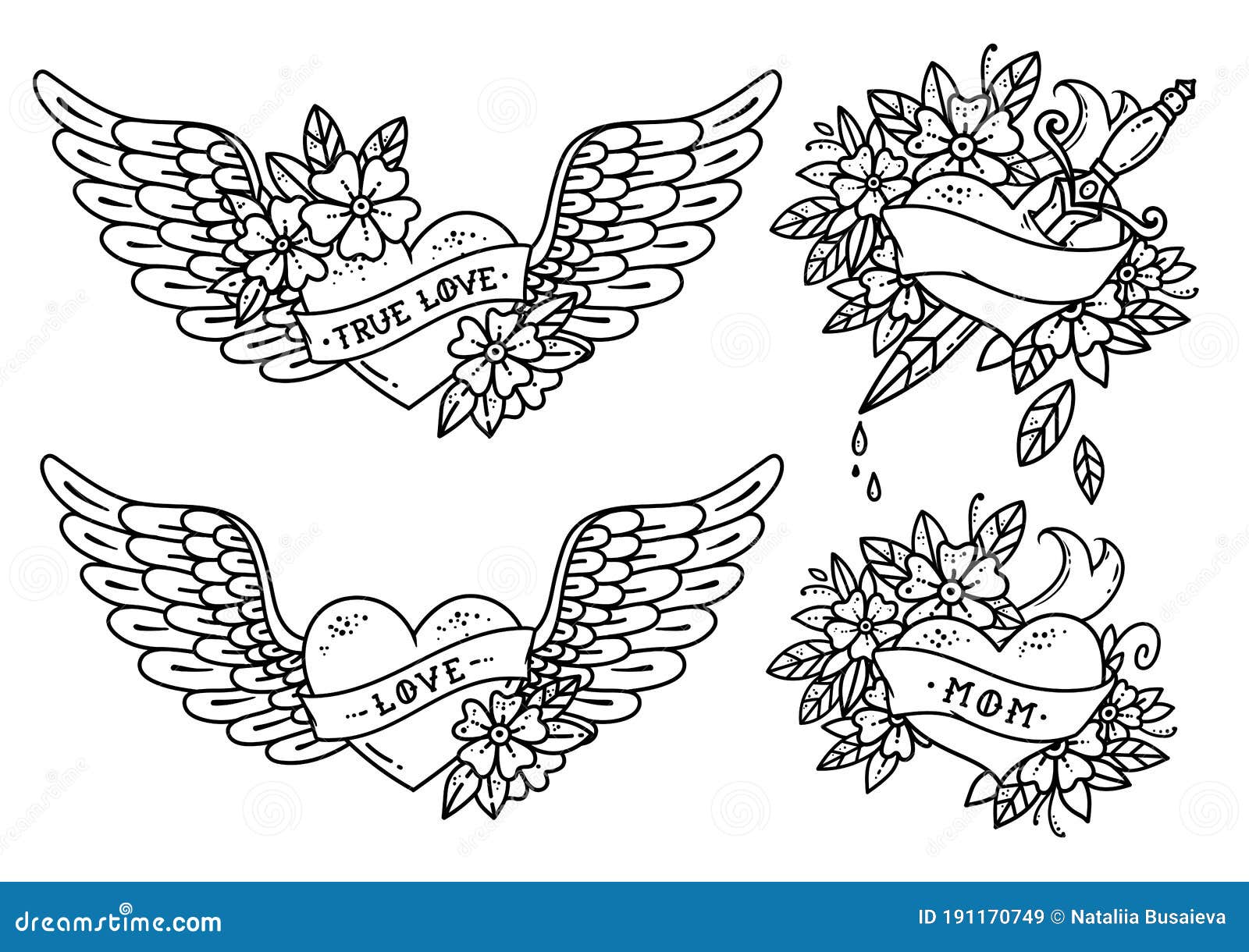 Premium Vector  Collection of heart tattoos in old school style heart  with ribbon flowers and words mom love true love tattoo flying heart  with flowers heart with dagger old school slyleretro