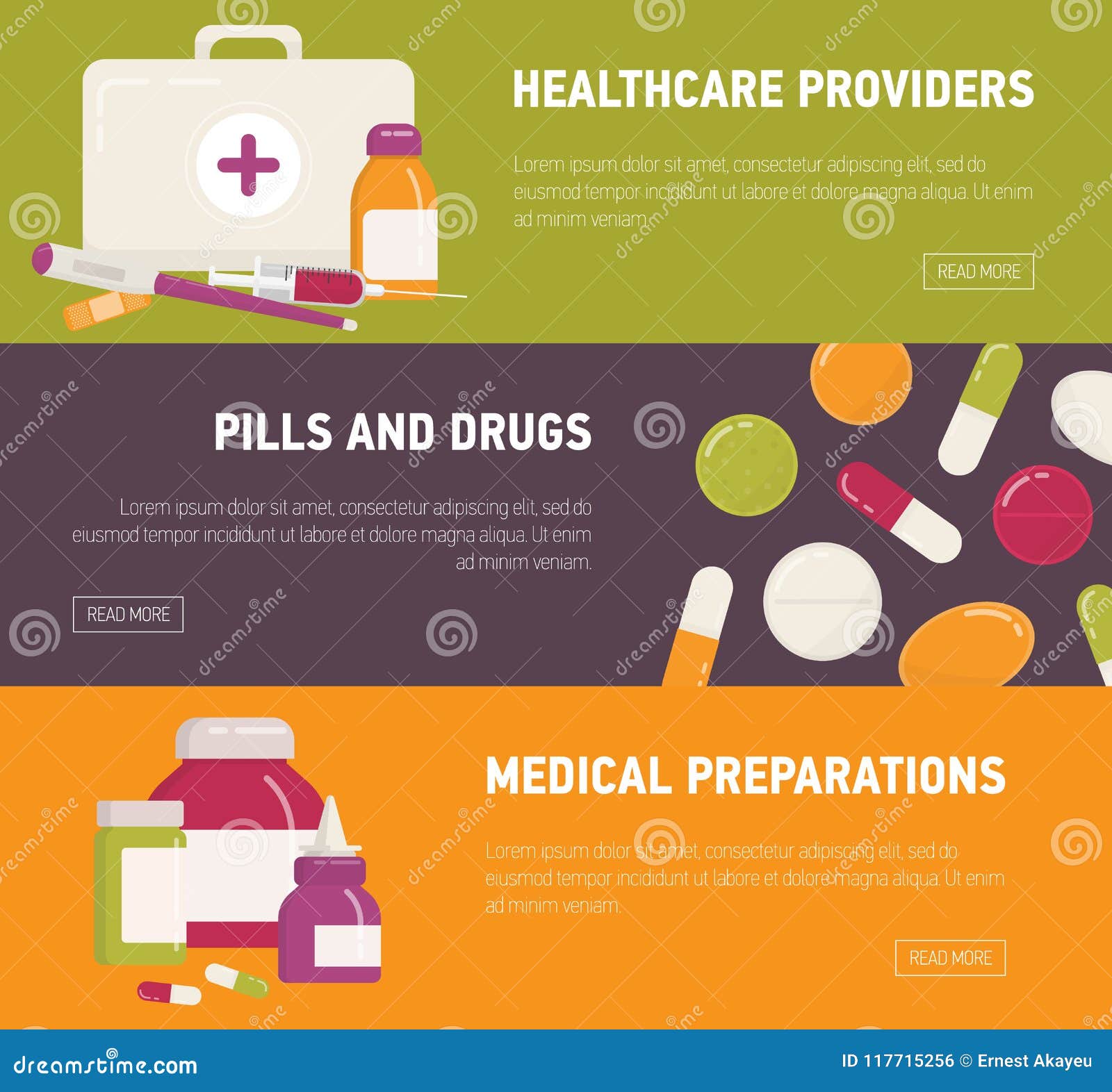 Collection of Horizontal Web Banner Templates with First Aid Kit, Pills ...