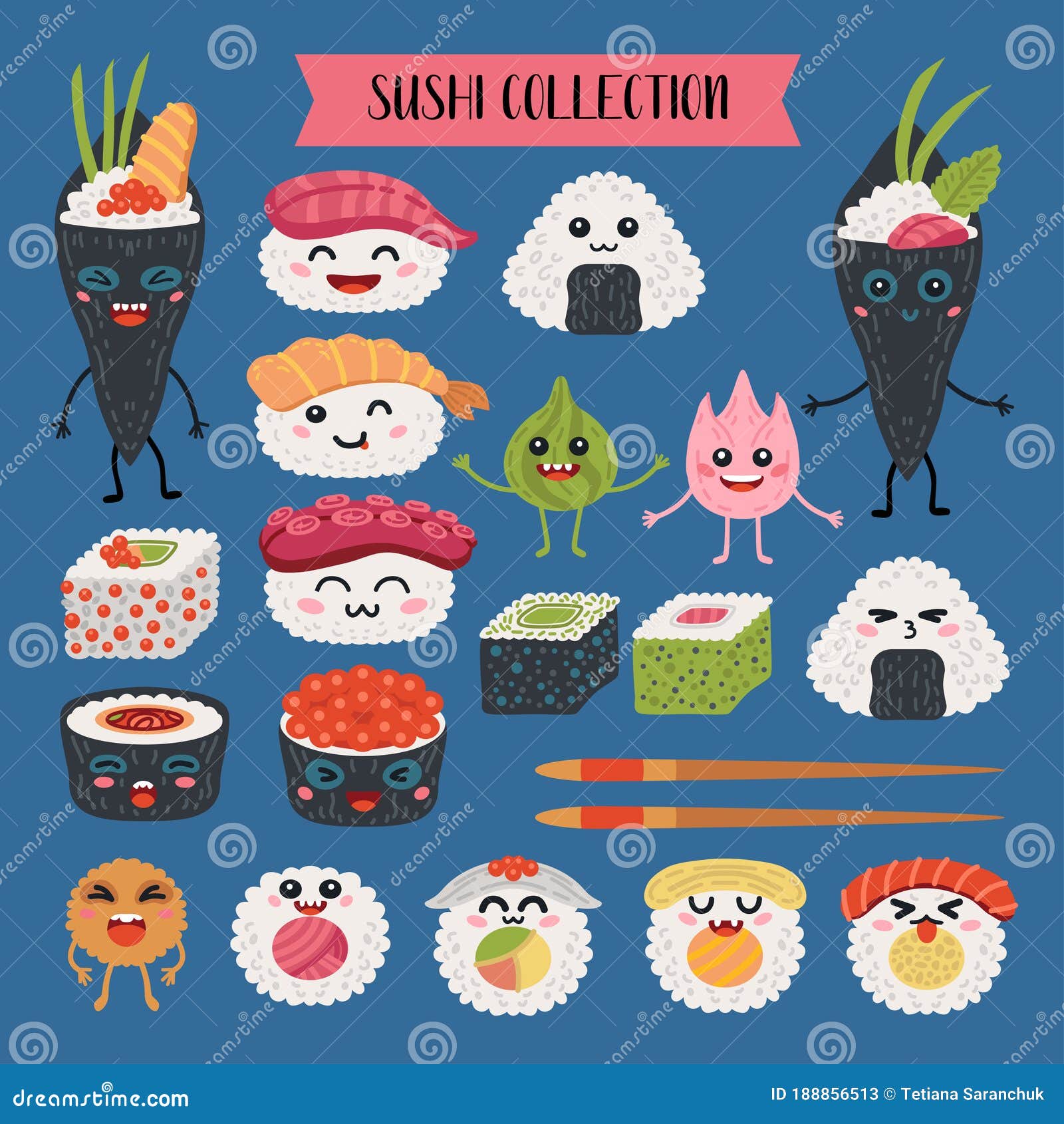 Collection of Kawaii Rolls and Sushi Characters Stock Vector ...