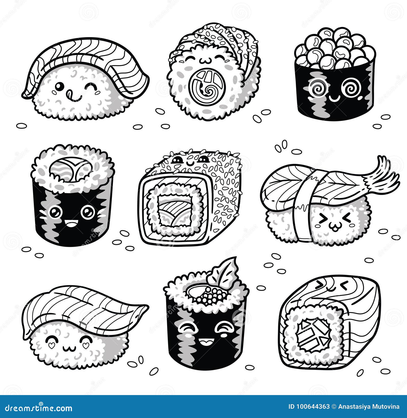 Download Kawaii Rolls And Sushi Manga Cartoon Set In Outline Stock ...