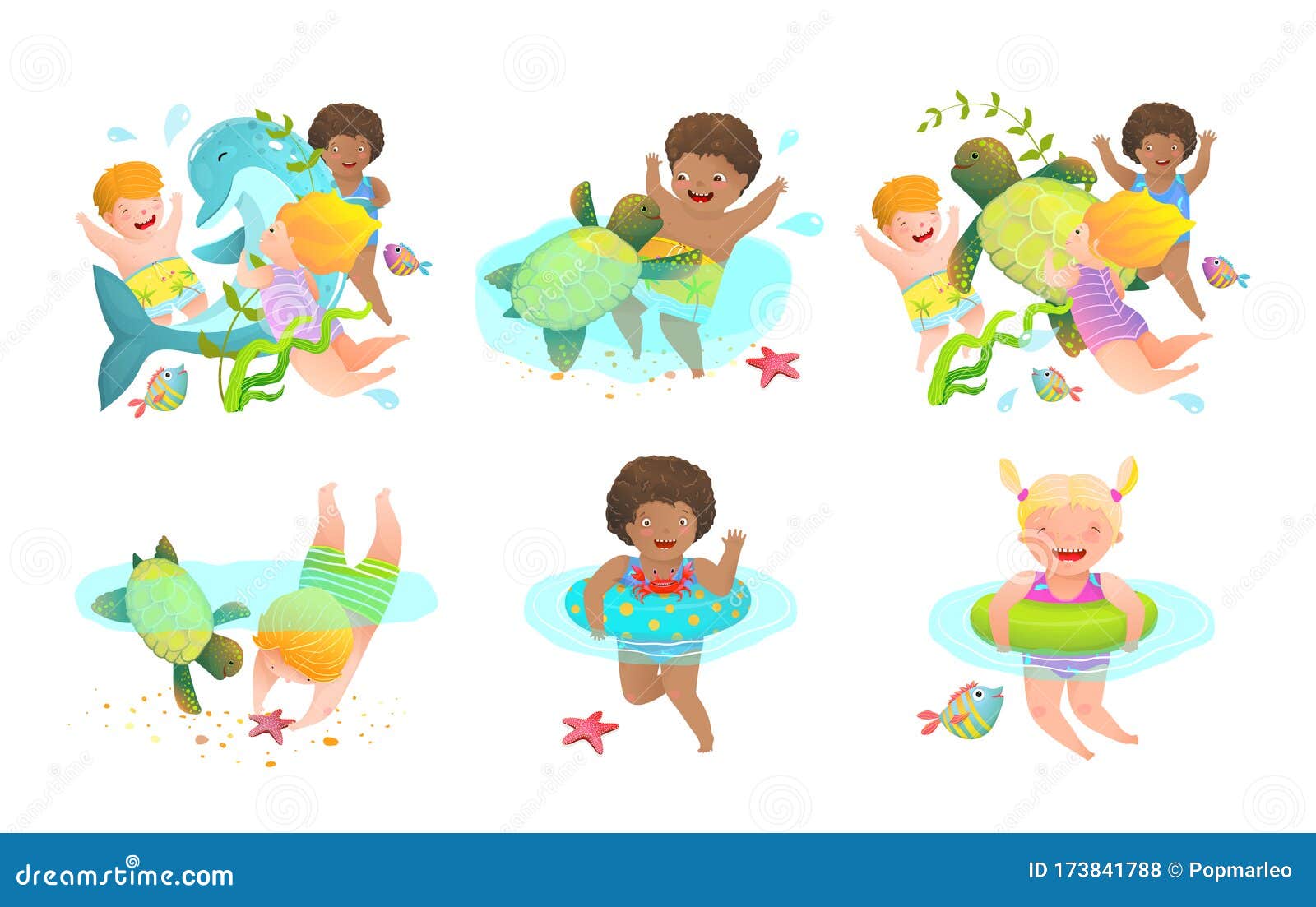 Collection of Kids Boys and Girls Swimming with Sea Animals Playing ...