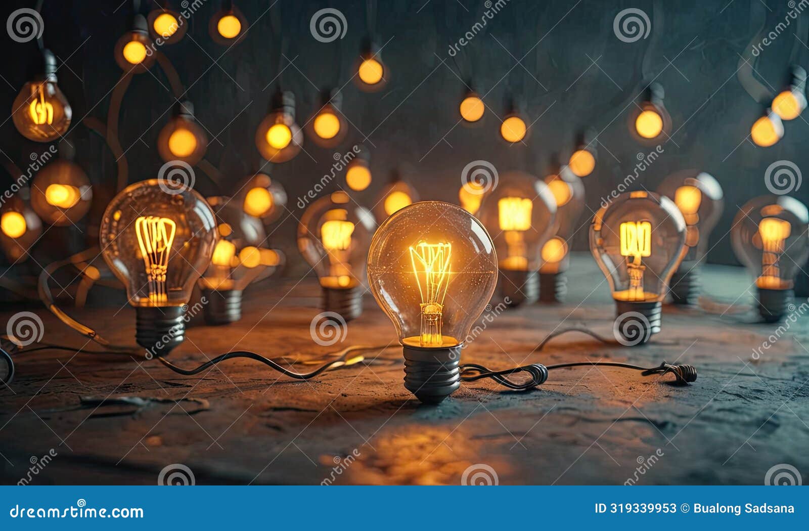 a collection of light bulbs are lit up in this image, with some of them glowing brighter than others. the bulbs are arra