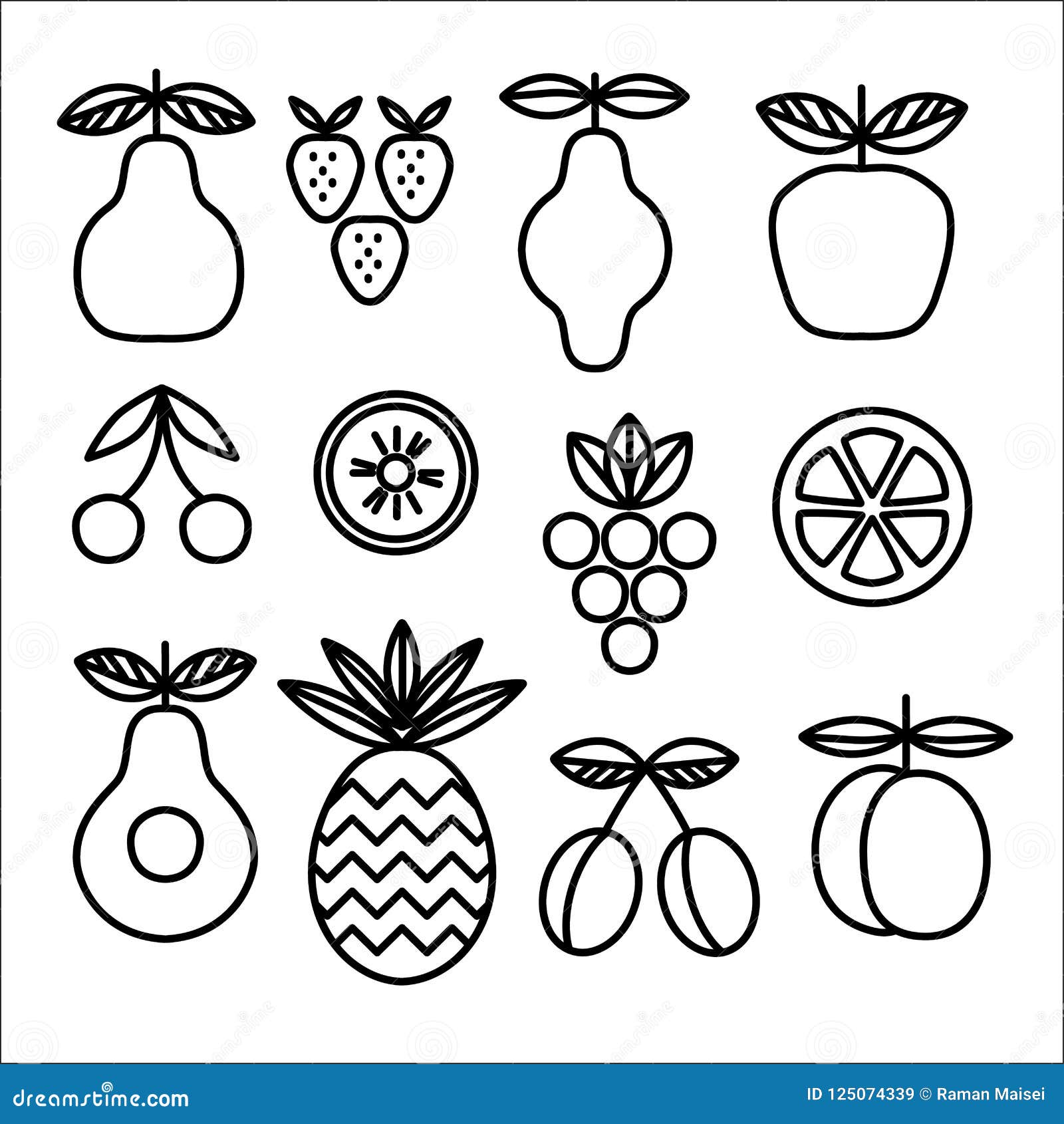 Collection of Linear Icons of Fruits and Berries Organic Food Template Collection of Linear Icons of Fruits and Berries Organic Food Template