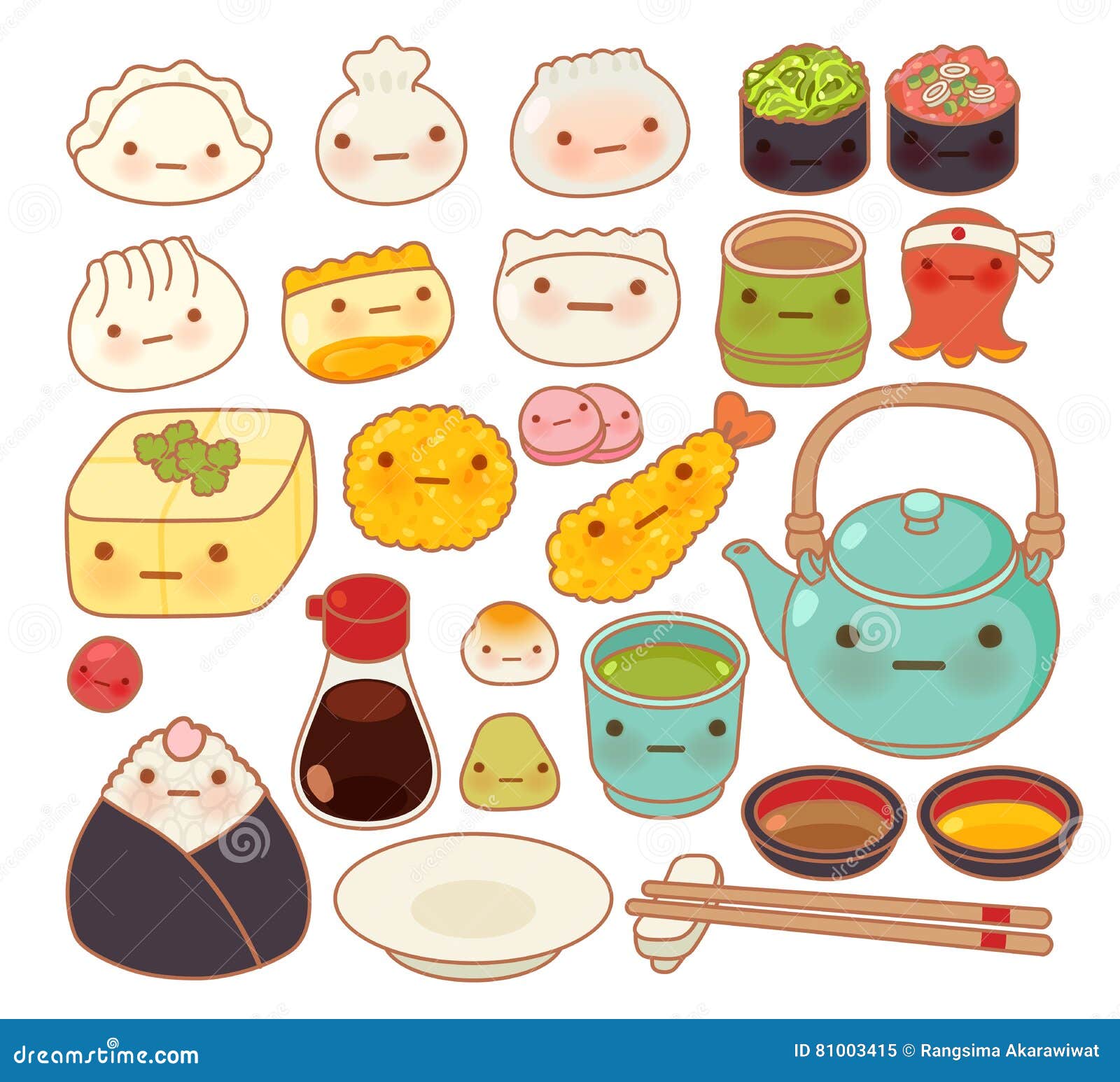 Collection of Lovely Baby Japanese Oriental Food Doodle Icon Stock ...