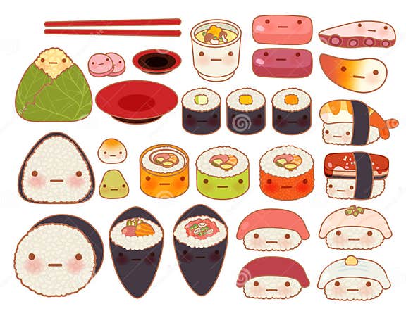 Collection of Lovely Baby Japanese Oriental Food Doodle Stock ...