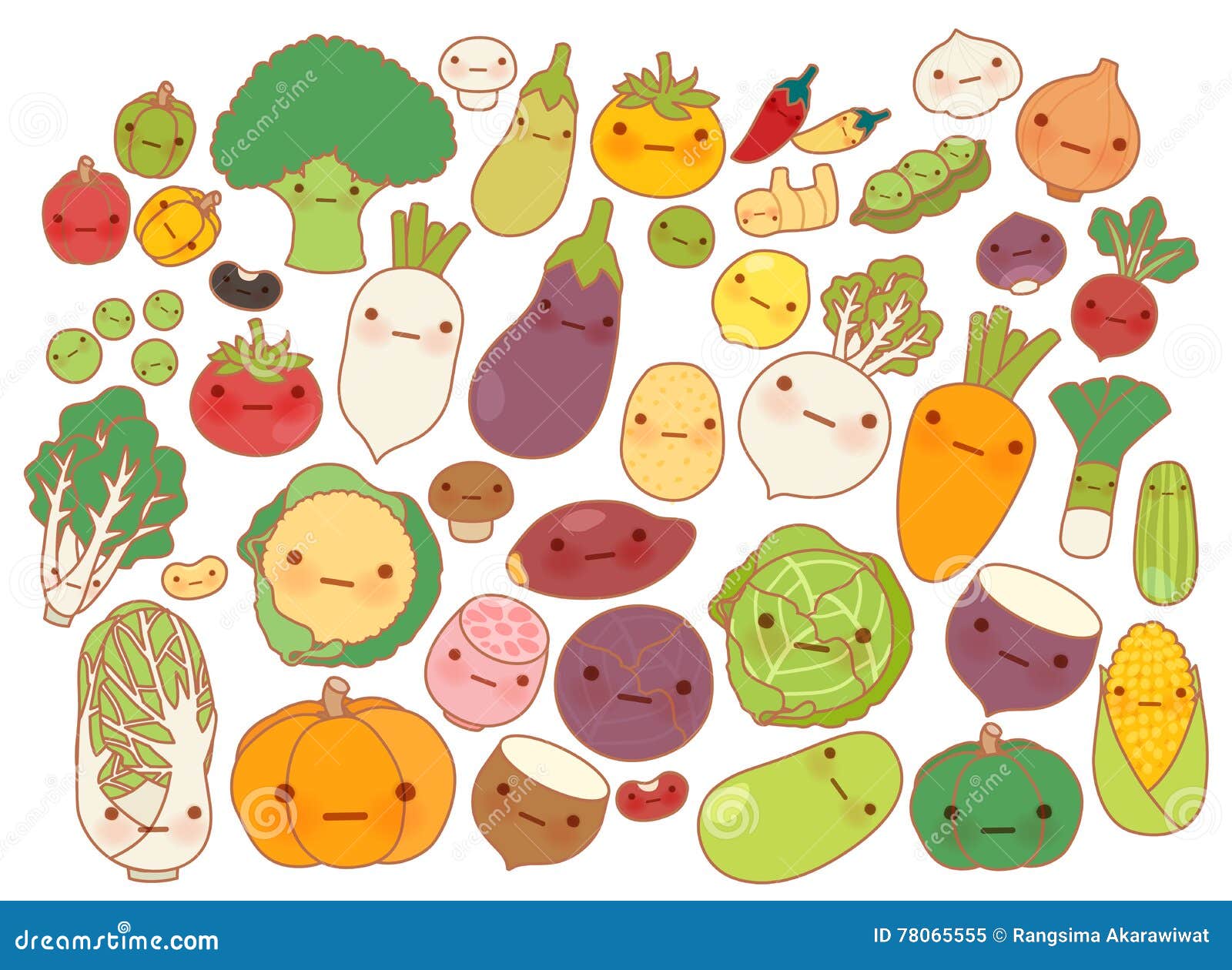 collection of lovely fruit and vegetable icon , cute carrot , adorable turnip , sweet tomato , kawaii potato, girly corn