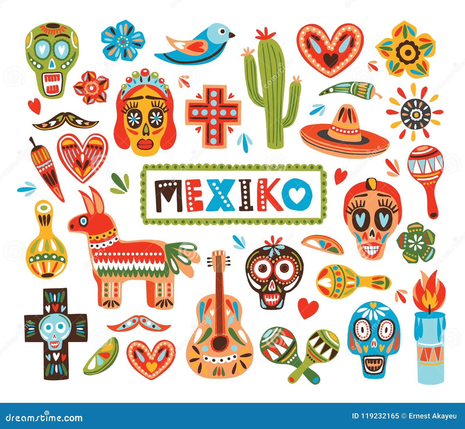 collection of mexican national attributes  on white background - pinata, sugar skulls, chili pepper, maracas