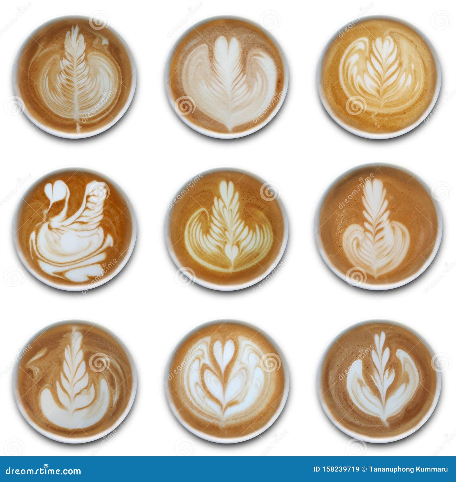Collection of Mugs of Latte Art Coffee Isolted. Stock Image - Image of