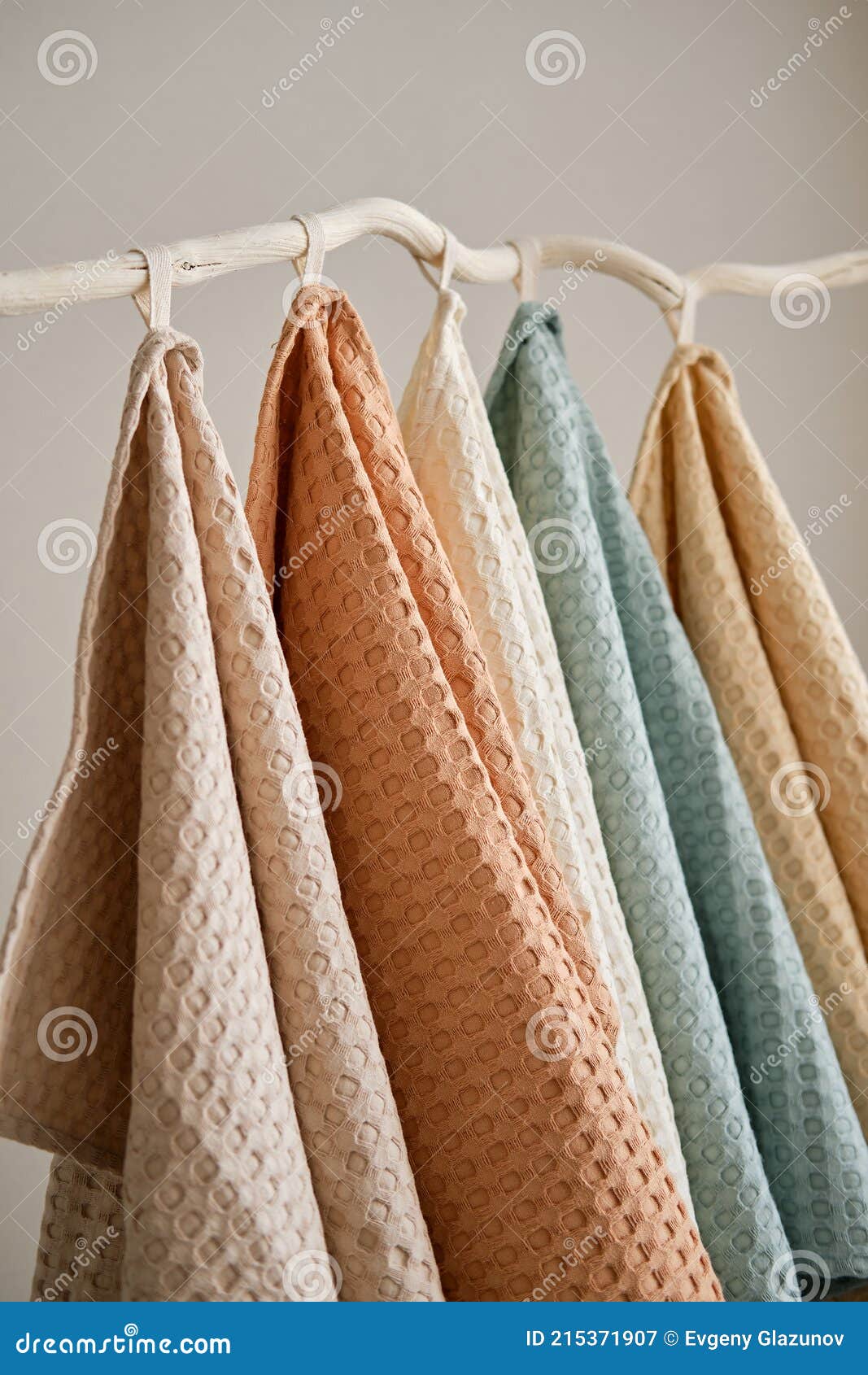 Collection of Natural Muslin Kitchen Towels are Hung in a Row on an Unusual  Wooden Hanger. Natural, Soft, Airy and Stock Image - Image of material,  fiber: 215370293